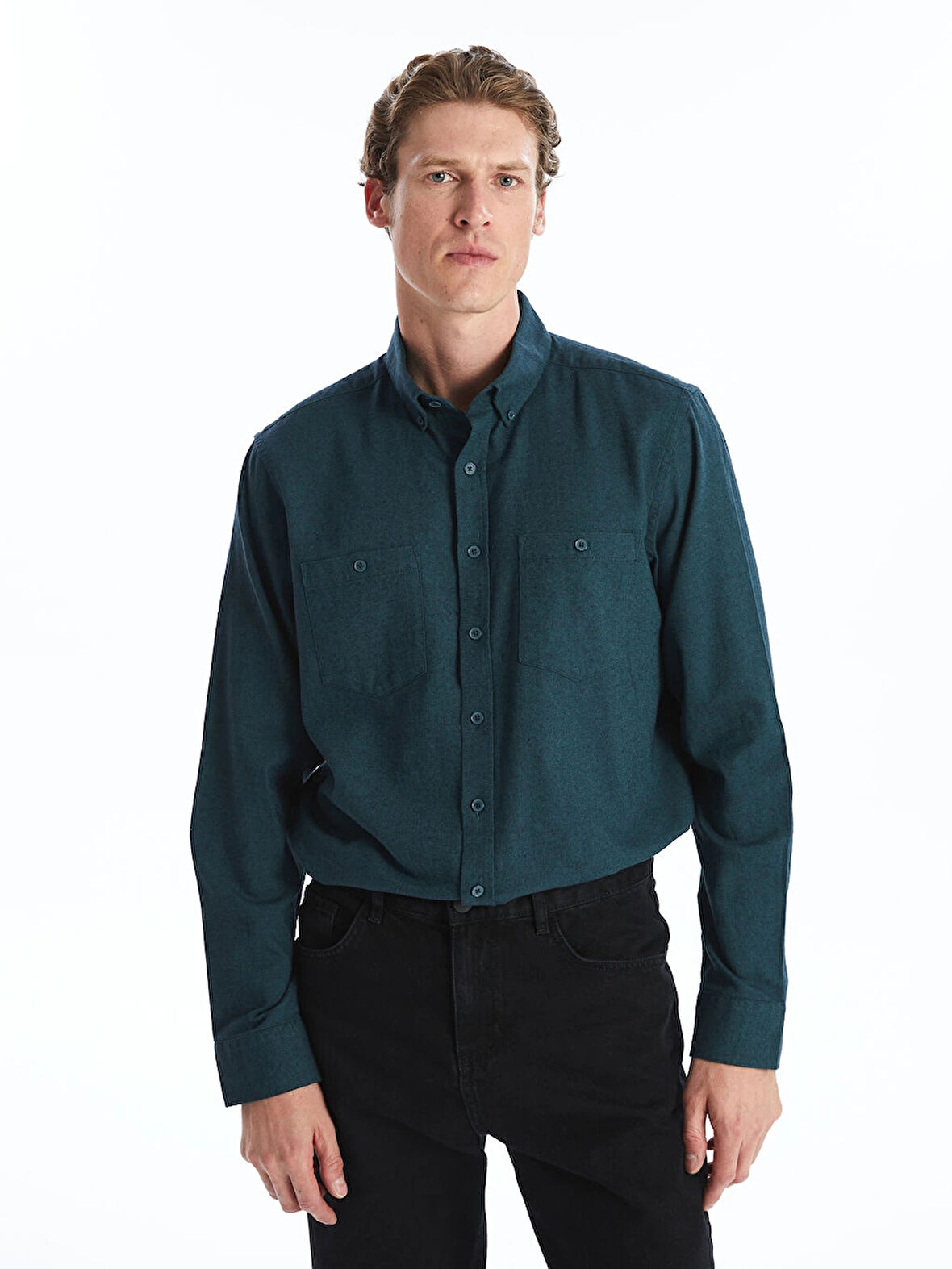 LCWAIKIKI Classic Yeşil Regular Fit Uzun Kollu Gabardin Erkek Gömlek