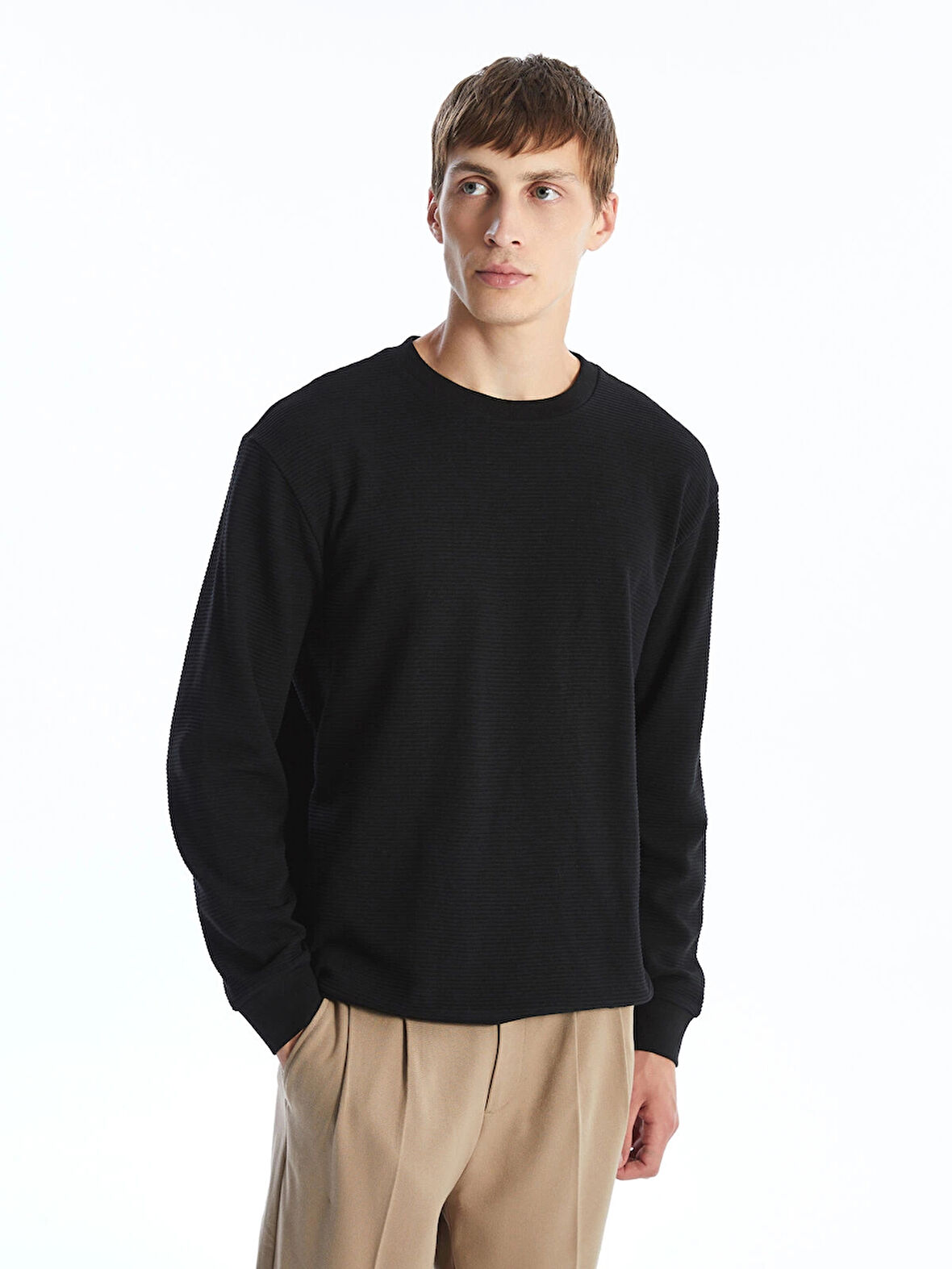 LCW Vision SİYAH Bisiklet Yaka Uzun Kollu Erkek Dokulu Sweatshirt