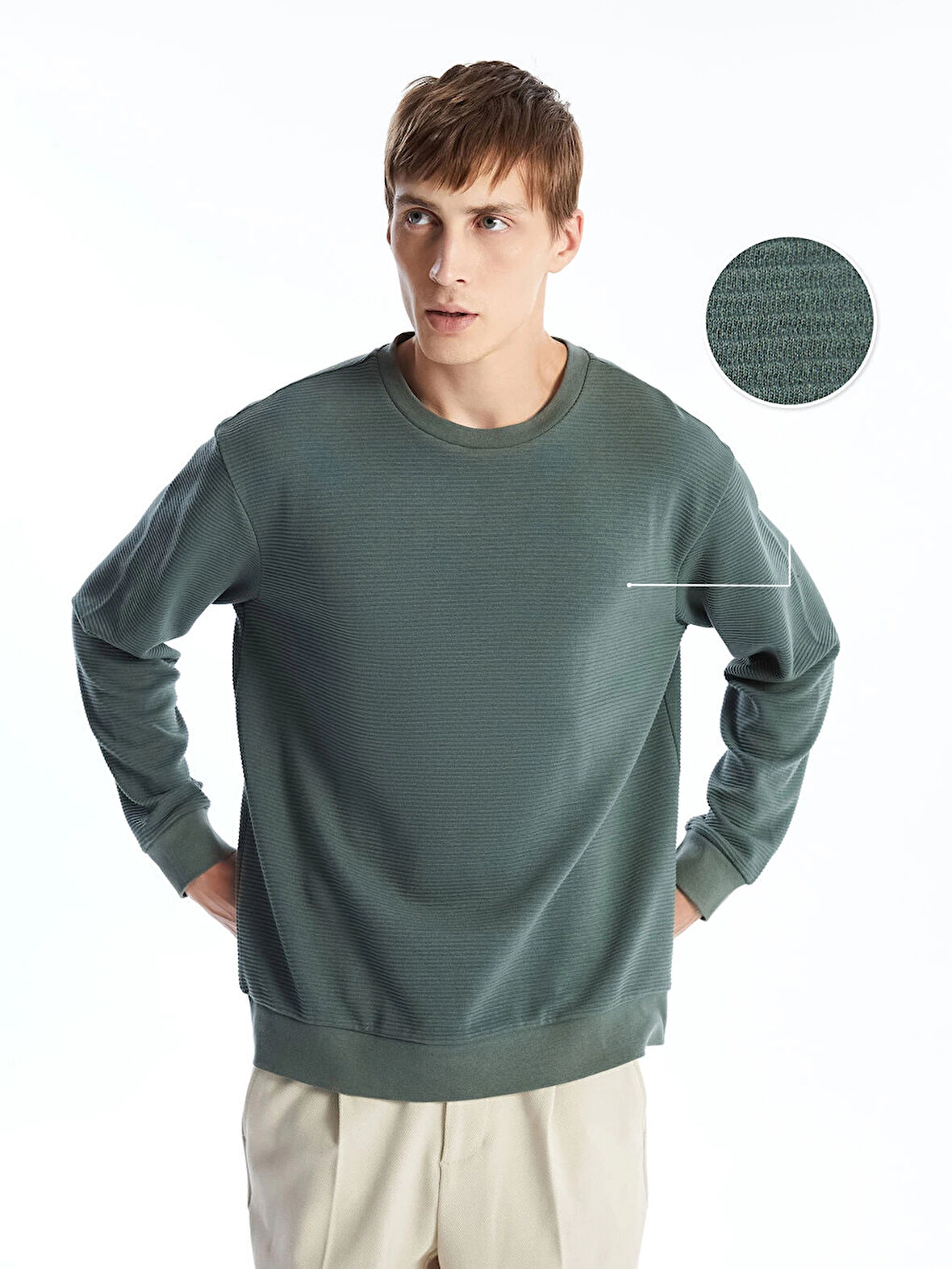 LCW Vision Yeşil Bisiklet Yaka Uzun Kollu Erkek Dokulu Sweatshirt