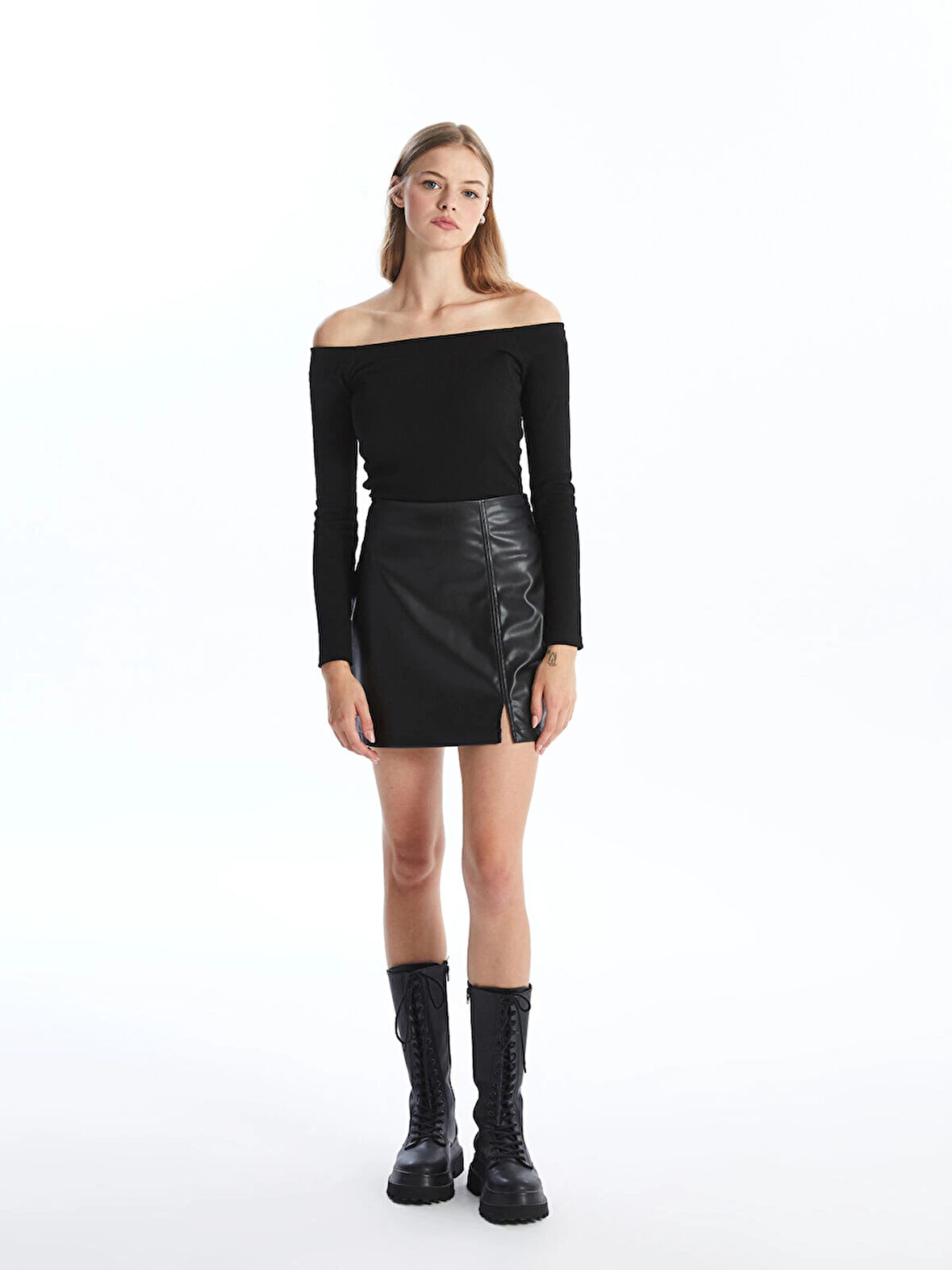 XSIDE SİYAH Beli Fermuarlı Deri Görünümlü Kadın Etek