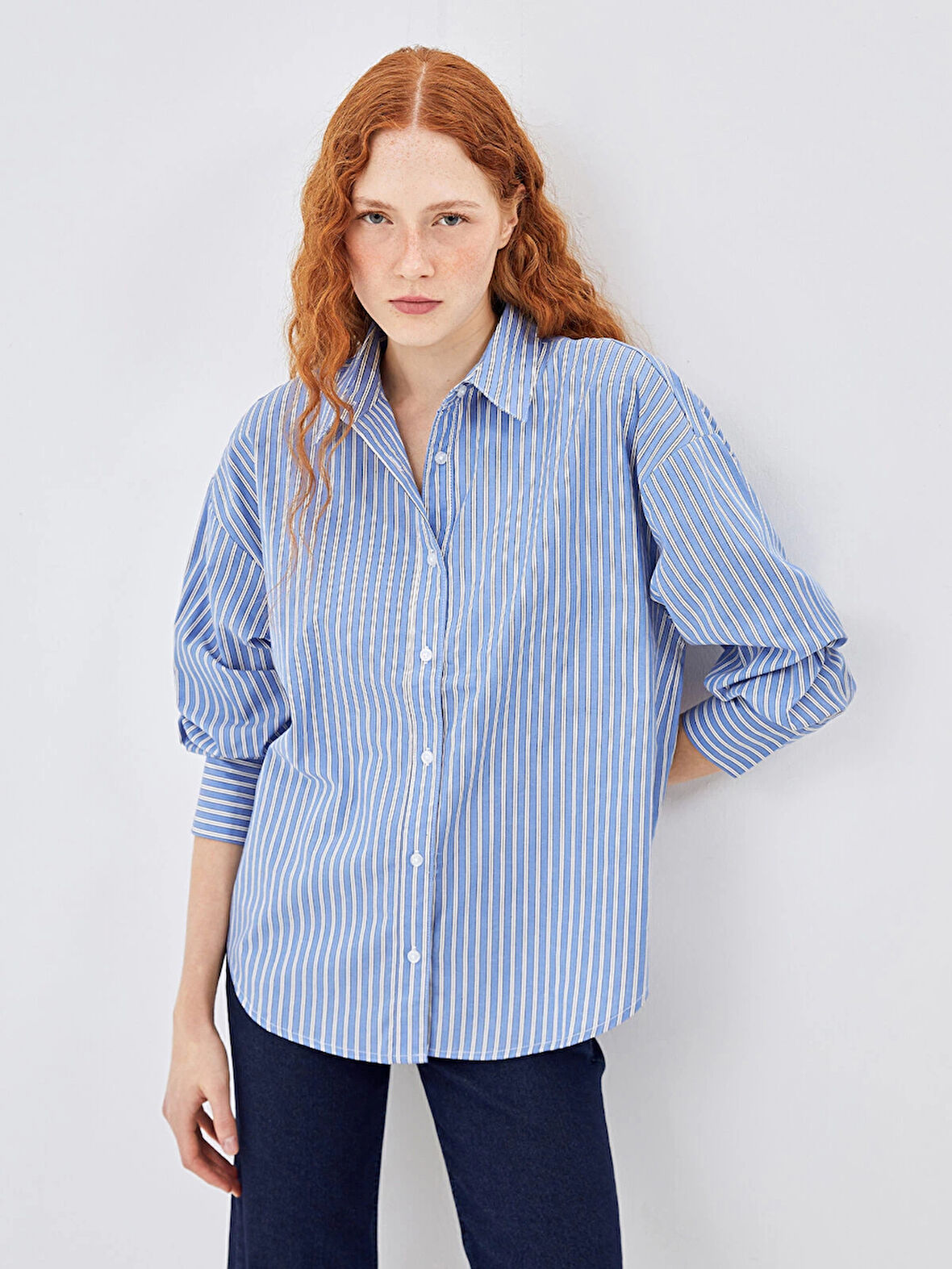 LCW Vision MAVİ Çizgili Oversize Poplin Kadın Gömlek