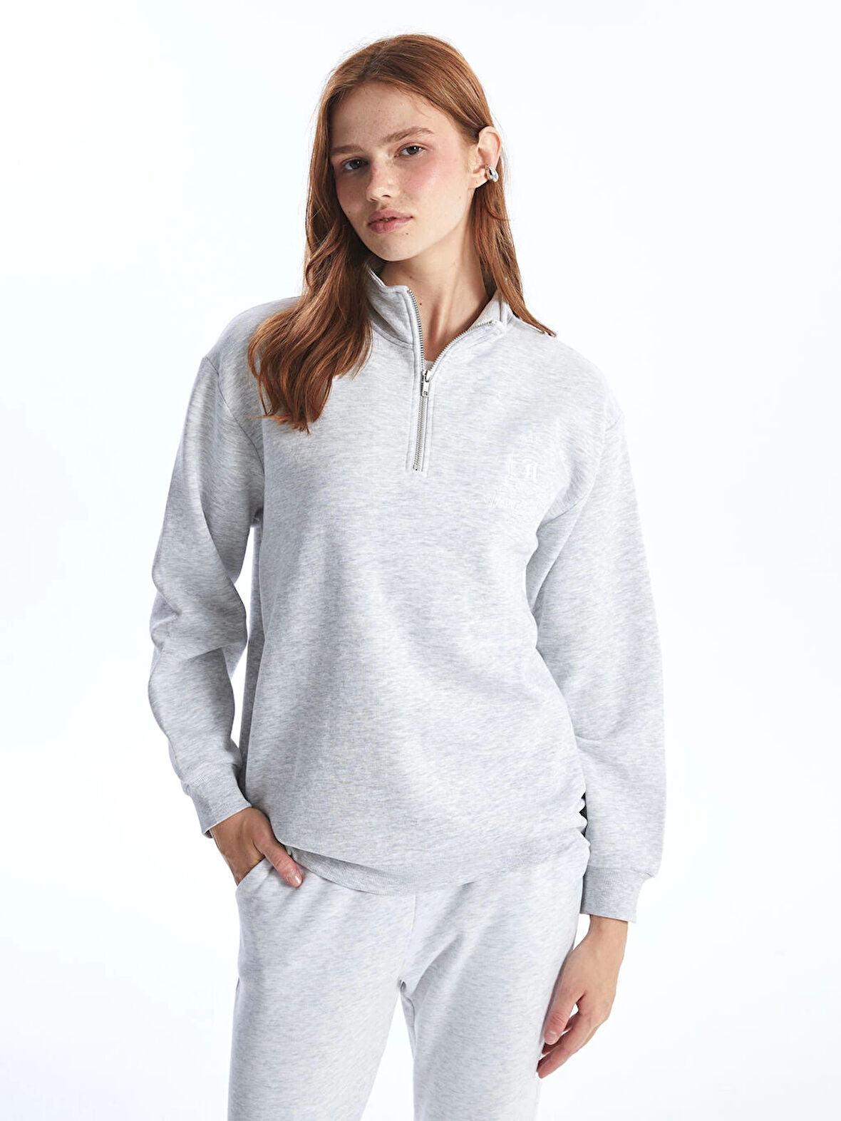 XSIDE Gri Dik Yaka Oversize Kadın Kalın Sweatshirt