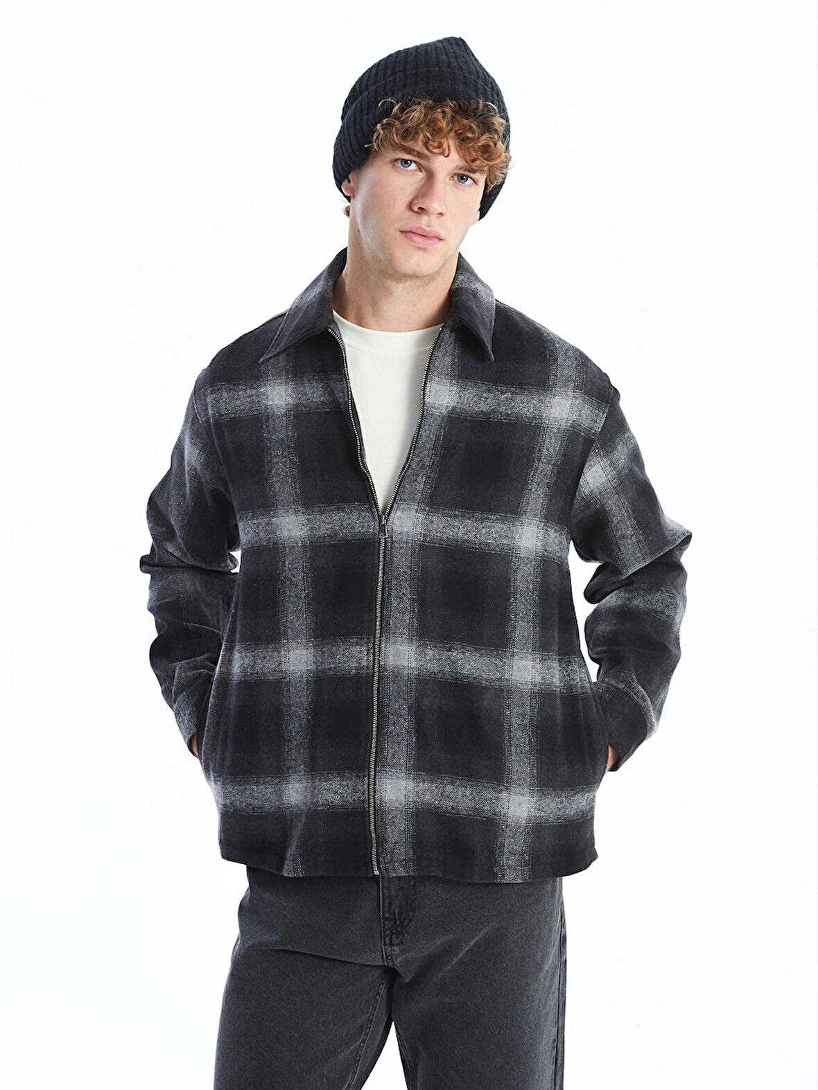 XSIDE Siyah Rahat Kalıp Uzun Kollu Ekose Erkek Oduncu Gömlek Ceket