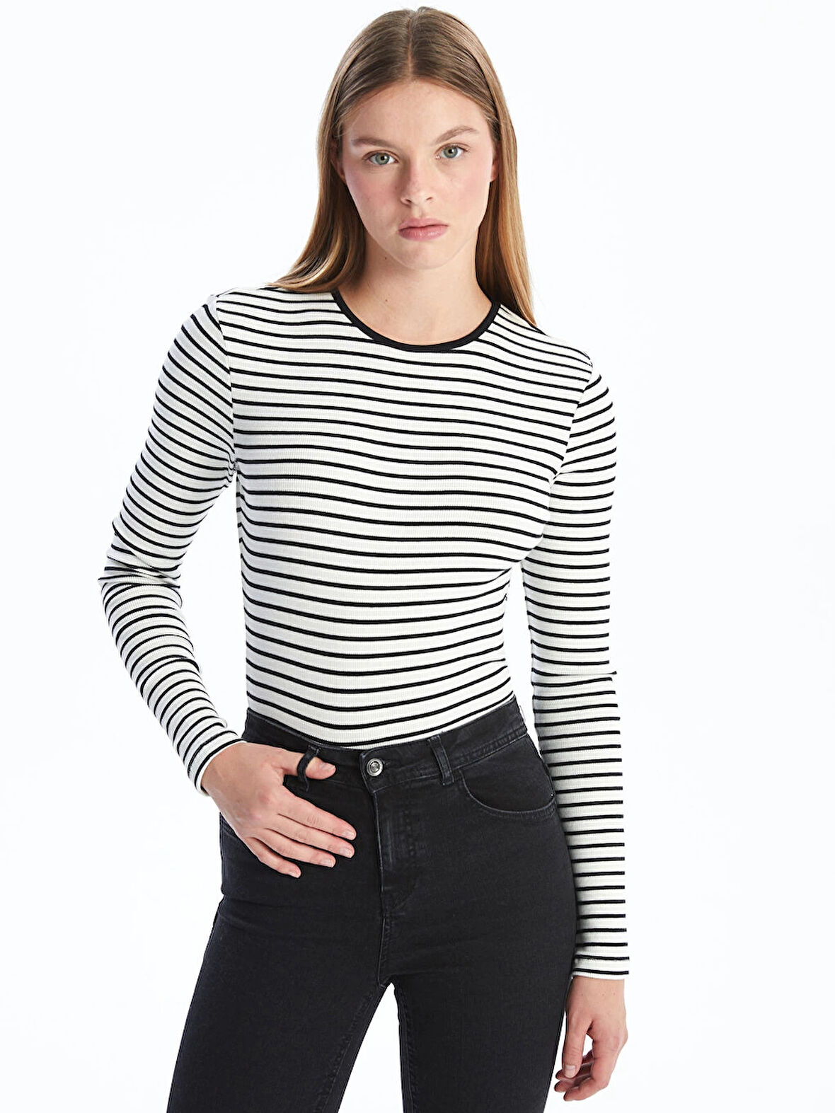 LCW Vision Siyah Bisiklet Yaka Çizgili Kadın Body