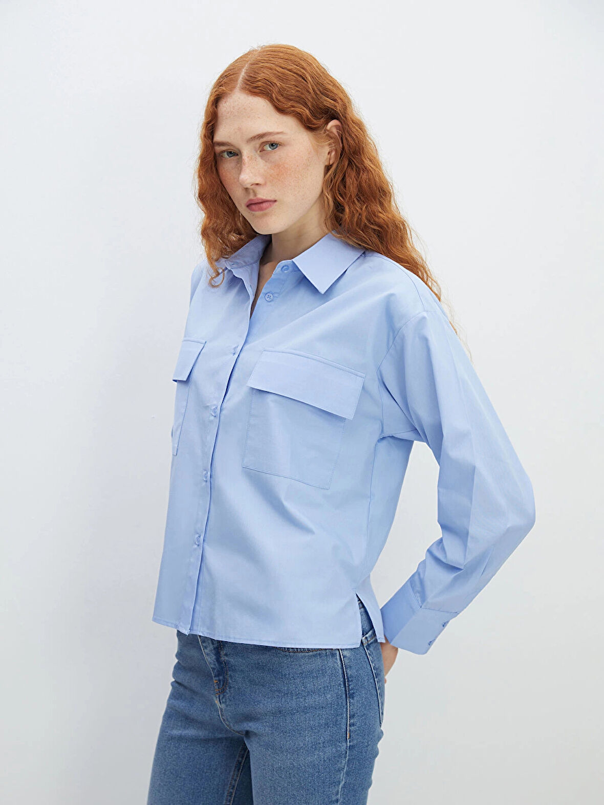 LCW Vision MAVİ Poplin Kadın Gömlek