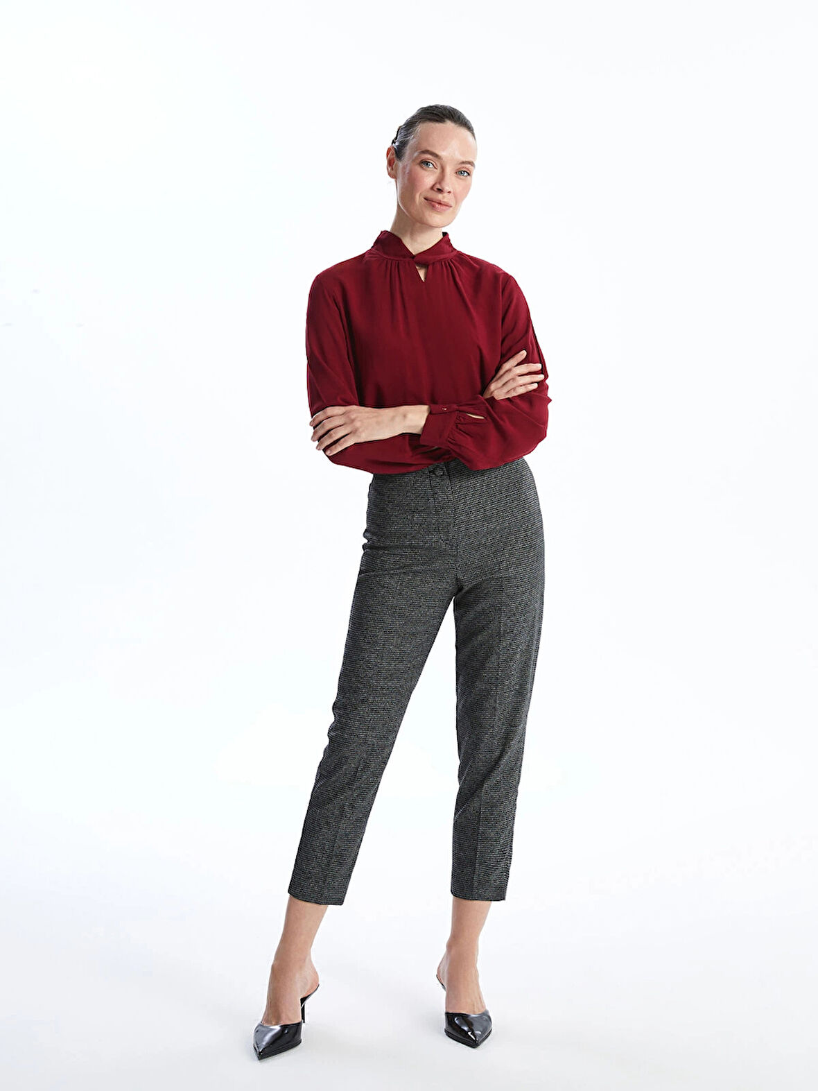 LCW Grace ANTRASİT Beli Lastikli Kazayağı Desenli Kadın Pantolon