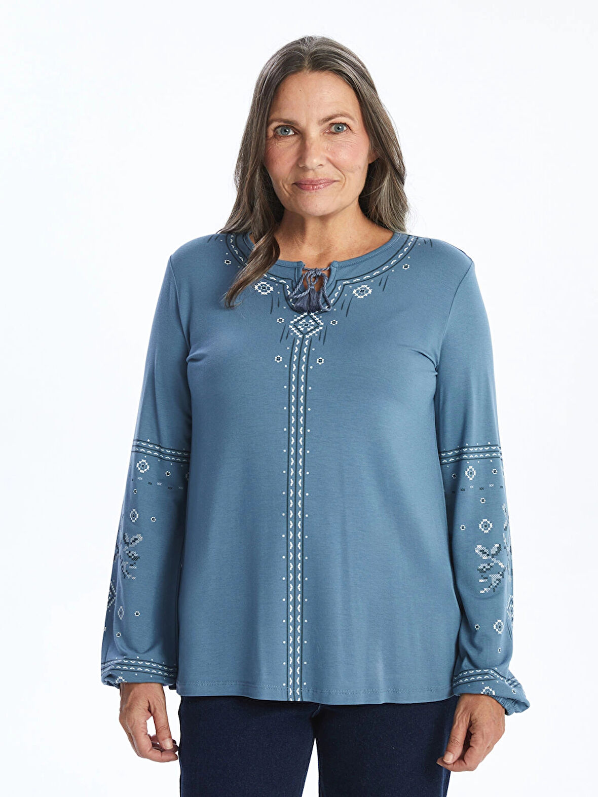 LCW Grace İNDİGO Bağlamalı Yaka Desenli Kadın Bluz