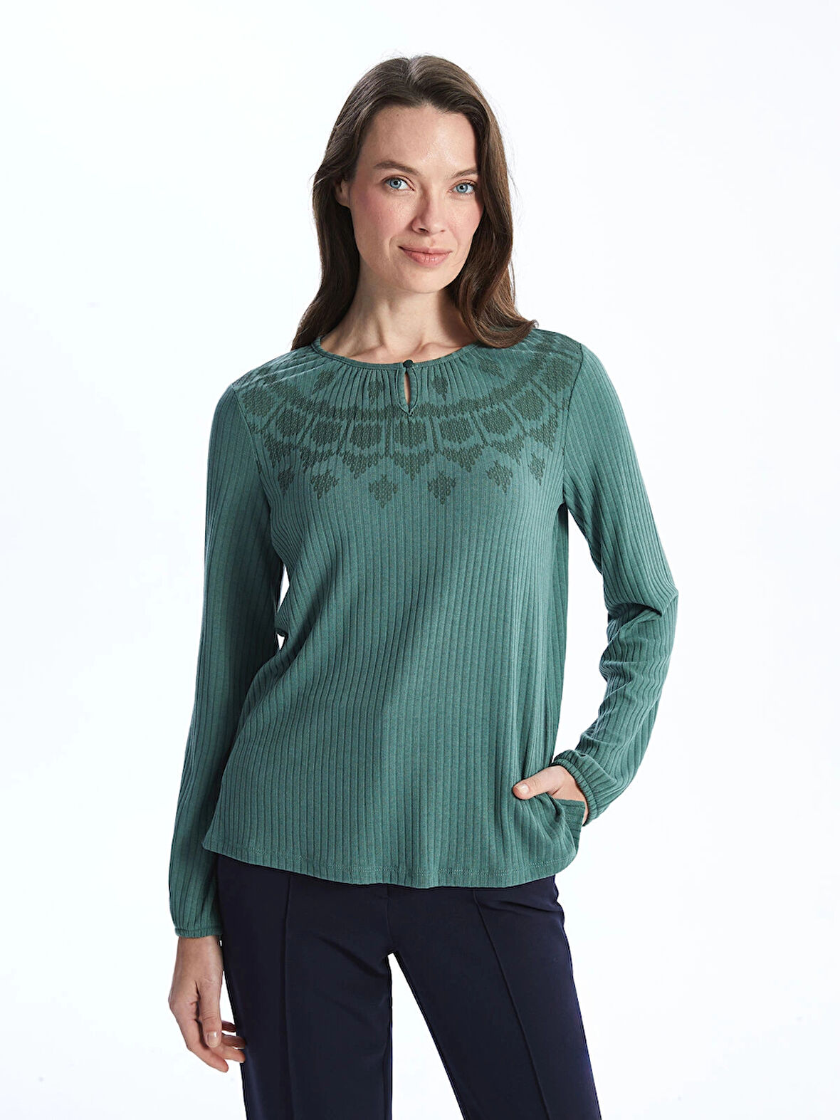 LCW Grace YEŞİL Bisiklet Yaka Desenli Kadın Tişört