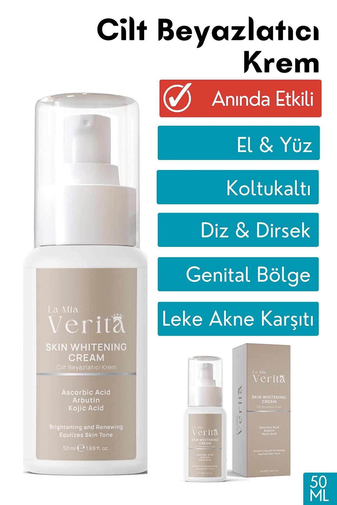 Cilt Beyazlatıcı Aydınlatıcı Glutatyonlu Leke Karşıtı Krem Kolajen, Niacinamide, Kojik Asitli 50 ml