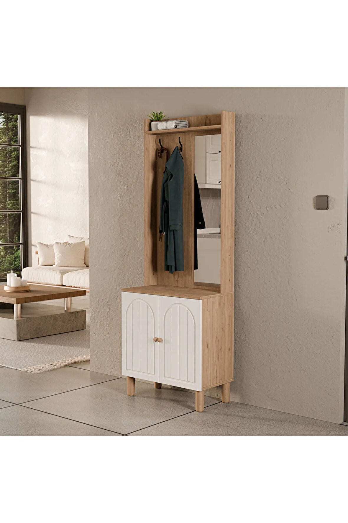 Mezza 5076 Rapsody Sağ Aynalı 2 Kapaklı (MEMBRAN) 2 Askılı Bohem Portmanto Sepet-beyaz