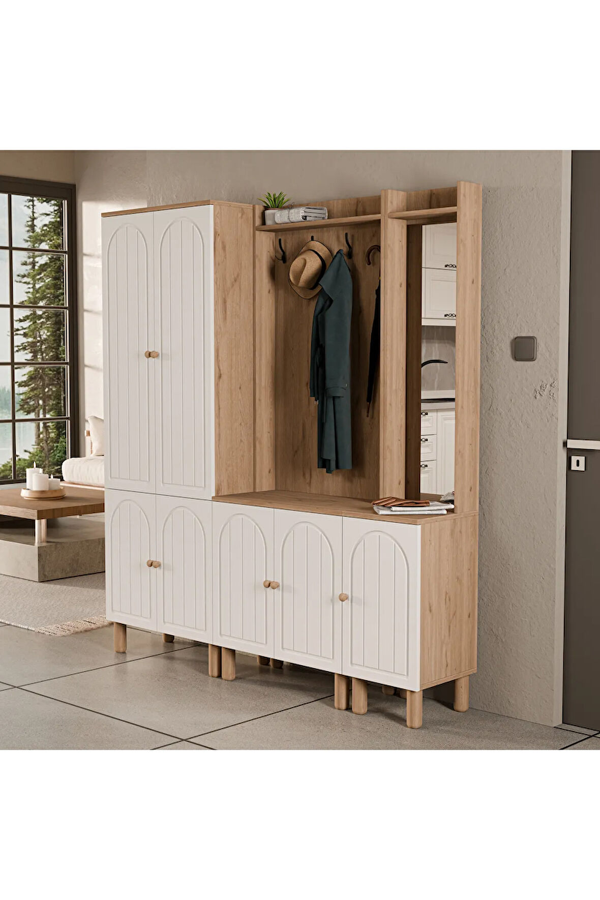 Mezza SET 5084-5072-5088 RAPSODY SAĞ AYNALI 7 KAPAKLI (MEMBRAN) 9 ASKILI BOHEM PORTMANTO SEPET-BEYAZ