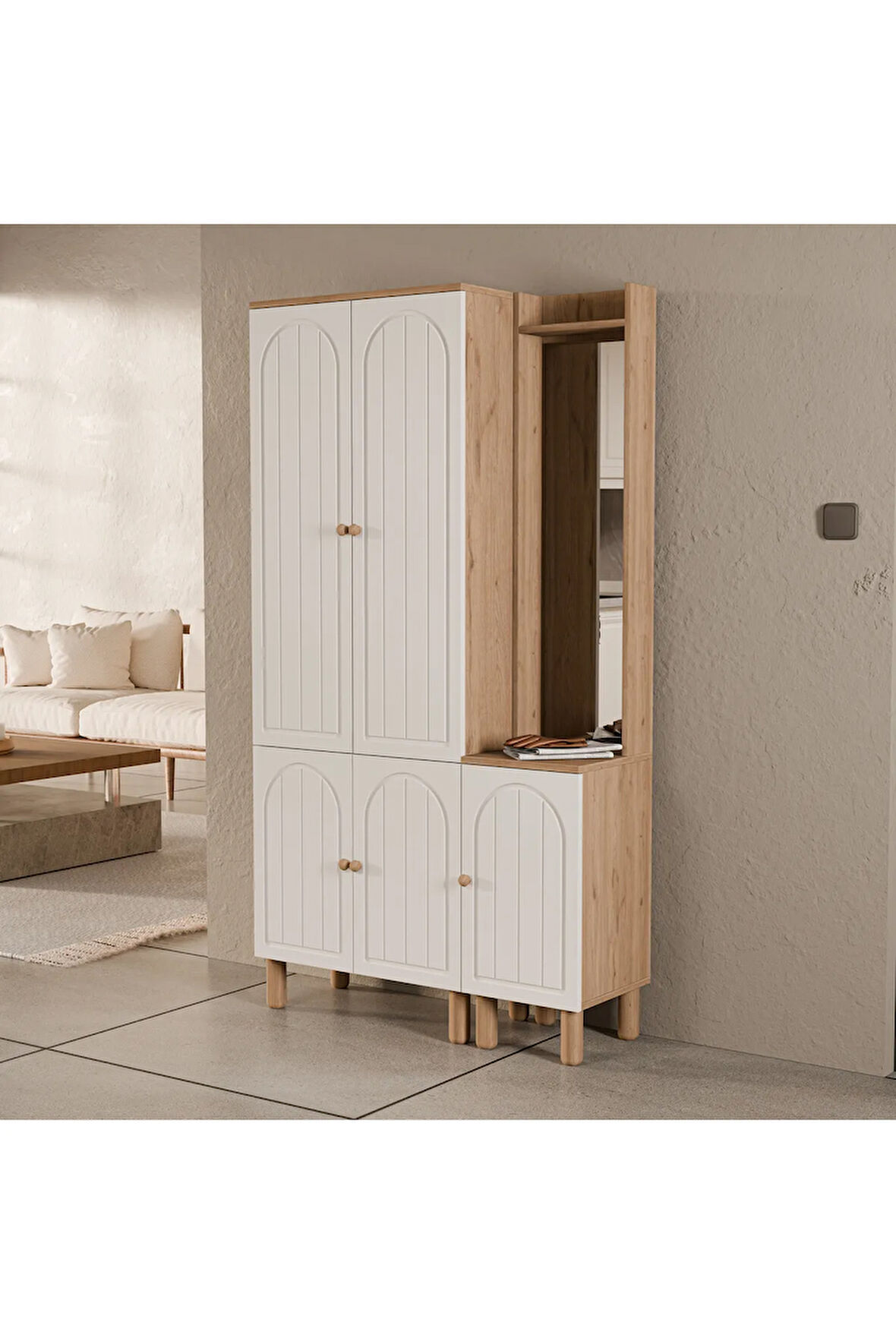 Mezza SET 5084-5088 Rapsody SAĞ AYNALI 5 KAPAKLI (MEMBRAN) 5 ASKILI BOHEM PORTMANTO SEPET-BEYAZ