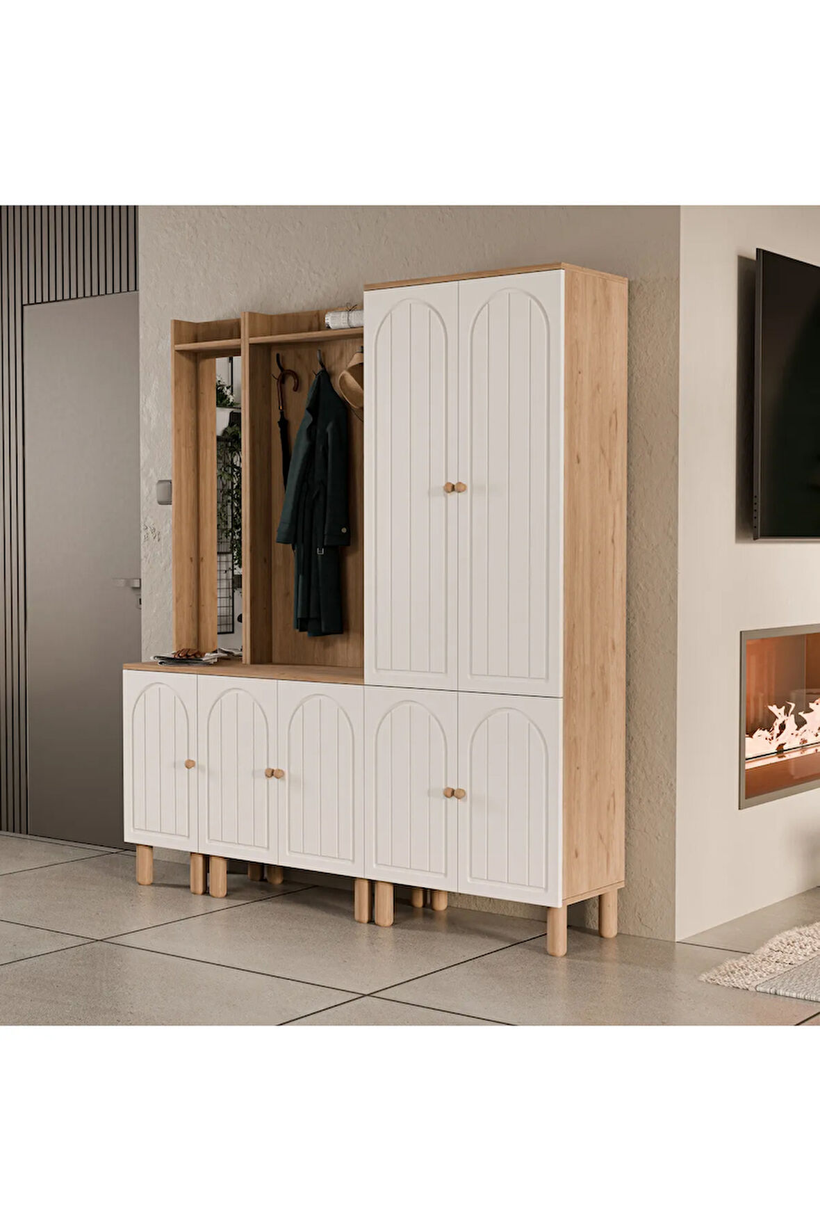 Mezza Set 5089-5072-5084 Rapsody Sol Aynalı 7 Kapaklı (MEMBRAN) 9 Askılı Bohem Portmanto Sepet-beyaz