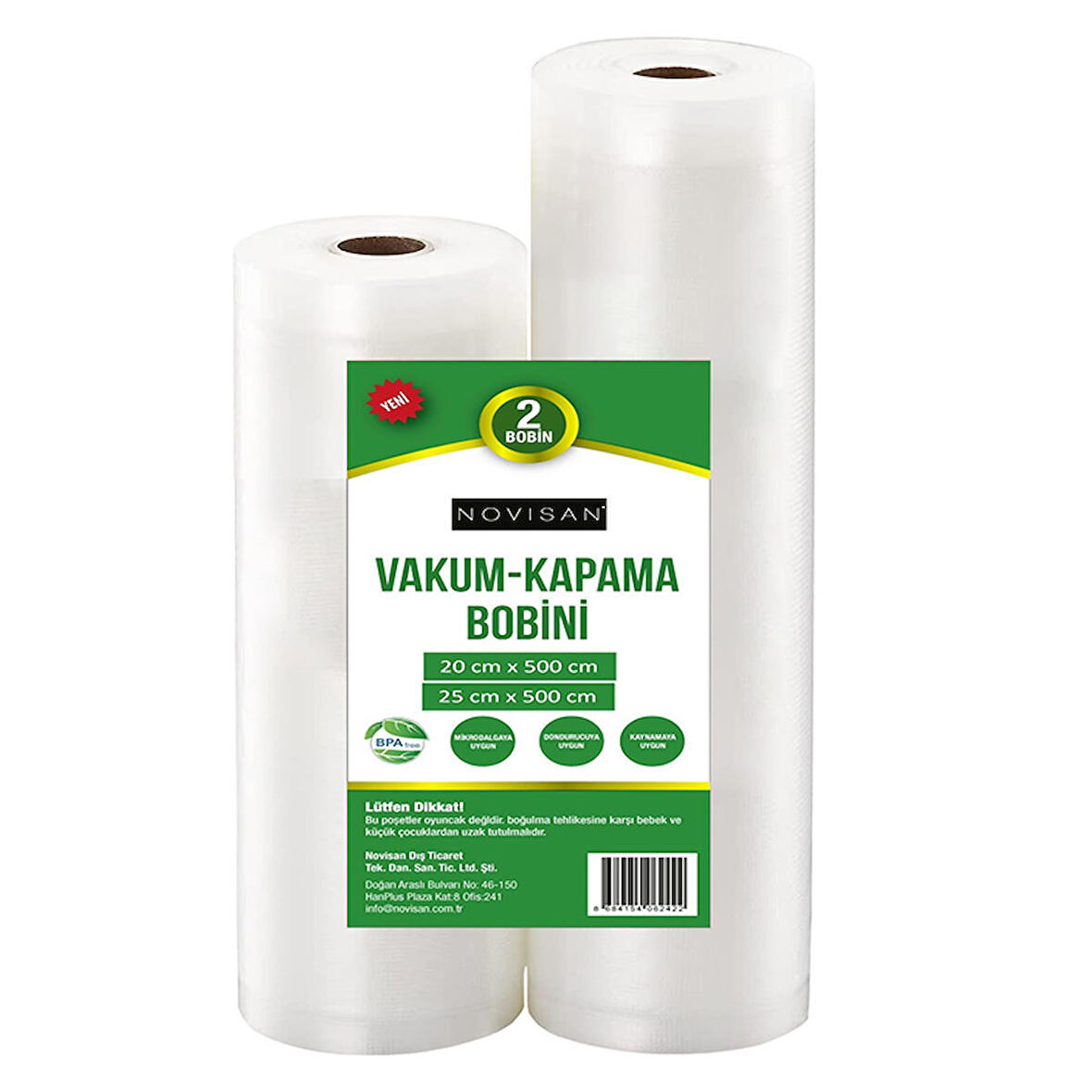 Novisan 1 Adet 20x500cm + 1 Adet 25x500cm 2 bobinli Karma Paket Vakum Kapama Bobini Gofrajlı Tırtıklı Ev Tipi Vakum Makinası Poşeti