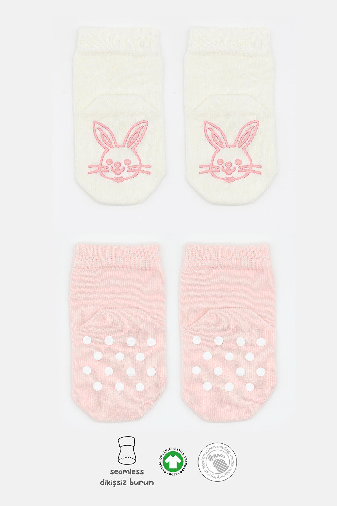 Bistyle Organik 2li Penye Figürlü Kaymaz Soket Çorap BS2001 Pembe Ekru