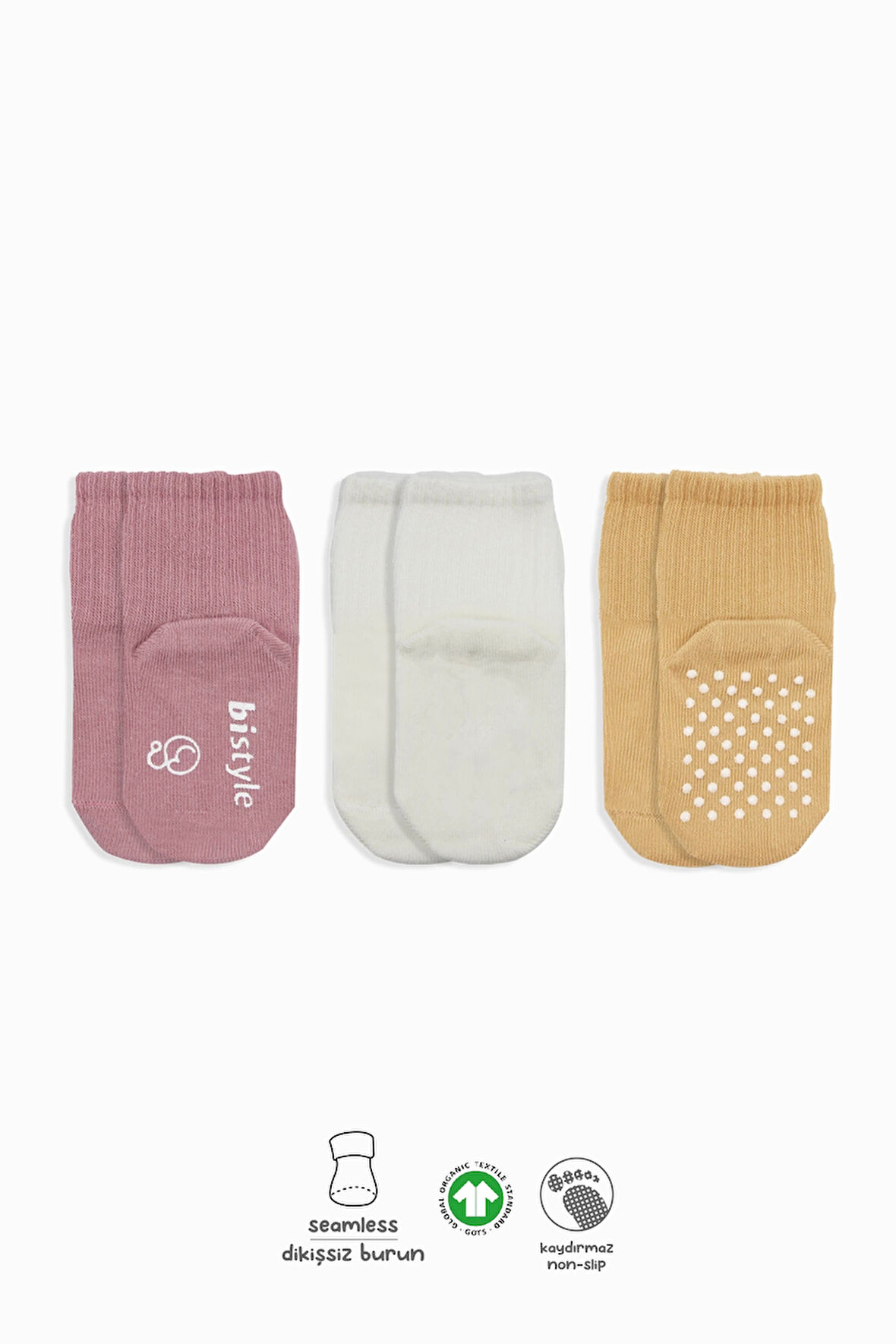 Bistyle Basic Kaymaz Penye Soket Çorap 3'Lü BS10106 Pudra Ekru Somon