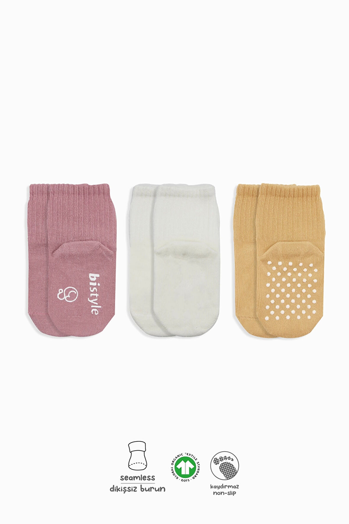Bistyle Basic Kaymaz Penye Soket Çorap 3'Lü BS10106 Pudra Ekru Somon