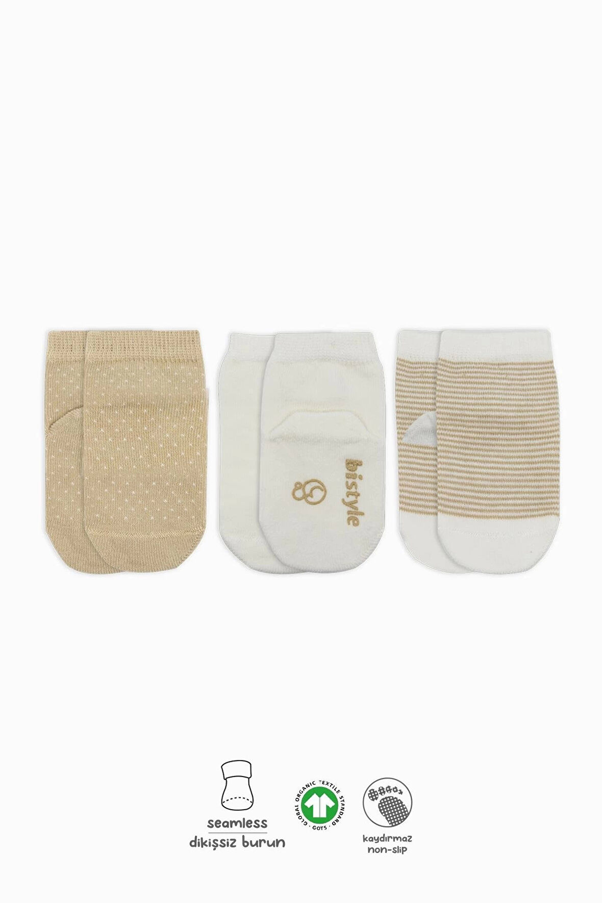 Bistyle Puanlı Kaymaz Penye Soket Çorap 3'Lü BS10108 Bej