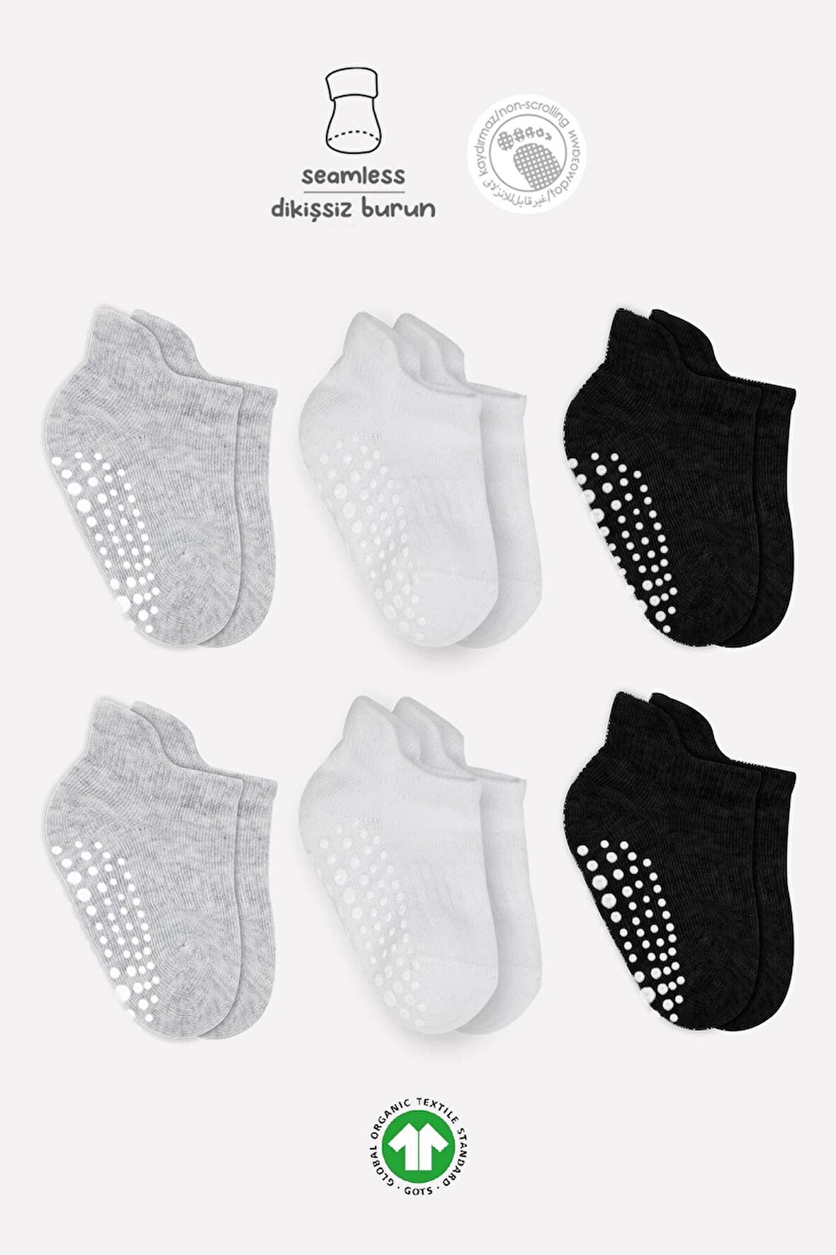 Bistyle 6'lı Sneakers Kaymaz Penye Çorap Bs20102 Gri Beyaz Siyah