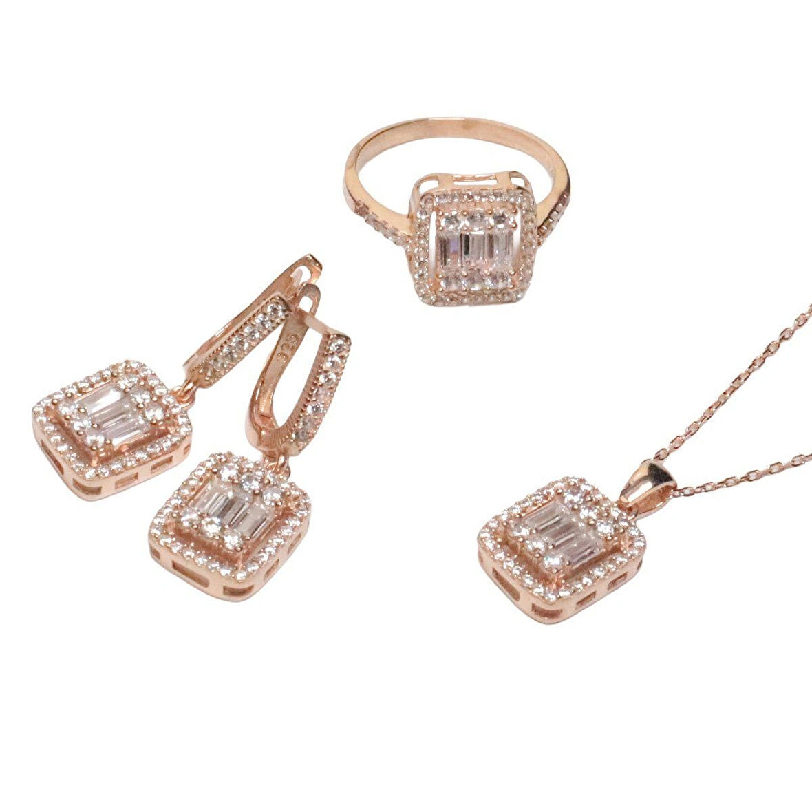 AgaKulche Baget Taşlı Gümüş Takı Seti Rose S30-RB (925)