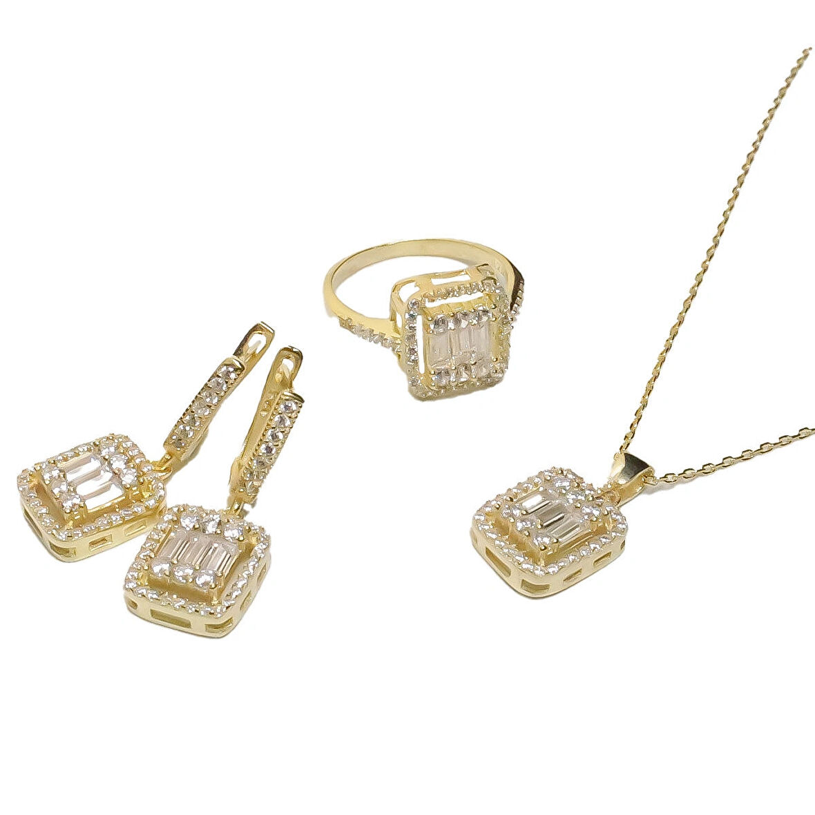 AgaKulche Baget Taşlı Gümüş Takı Seti Gold S30-GB (925)