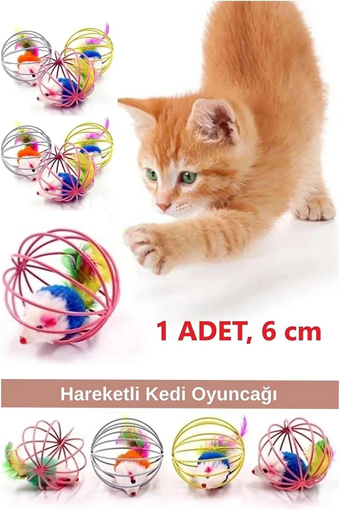 Kafesli Renkli Fareli Kedi Köpek Oyun Topu 6 cm