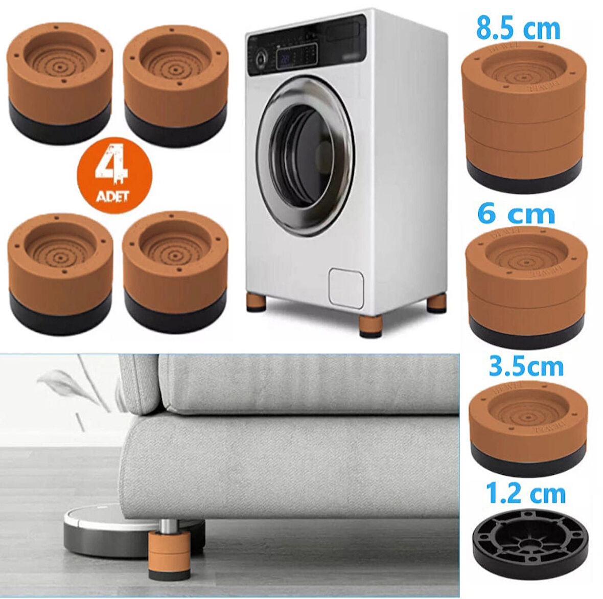 TİNEKE Beyaz Eşya Ayağı Çamaşır Makinesi Mobilya Titreşim Önleyici Kaydırmaz 3.5 Cm Yükseltici 4 Lü KAHVERENGİ