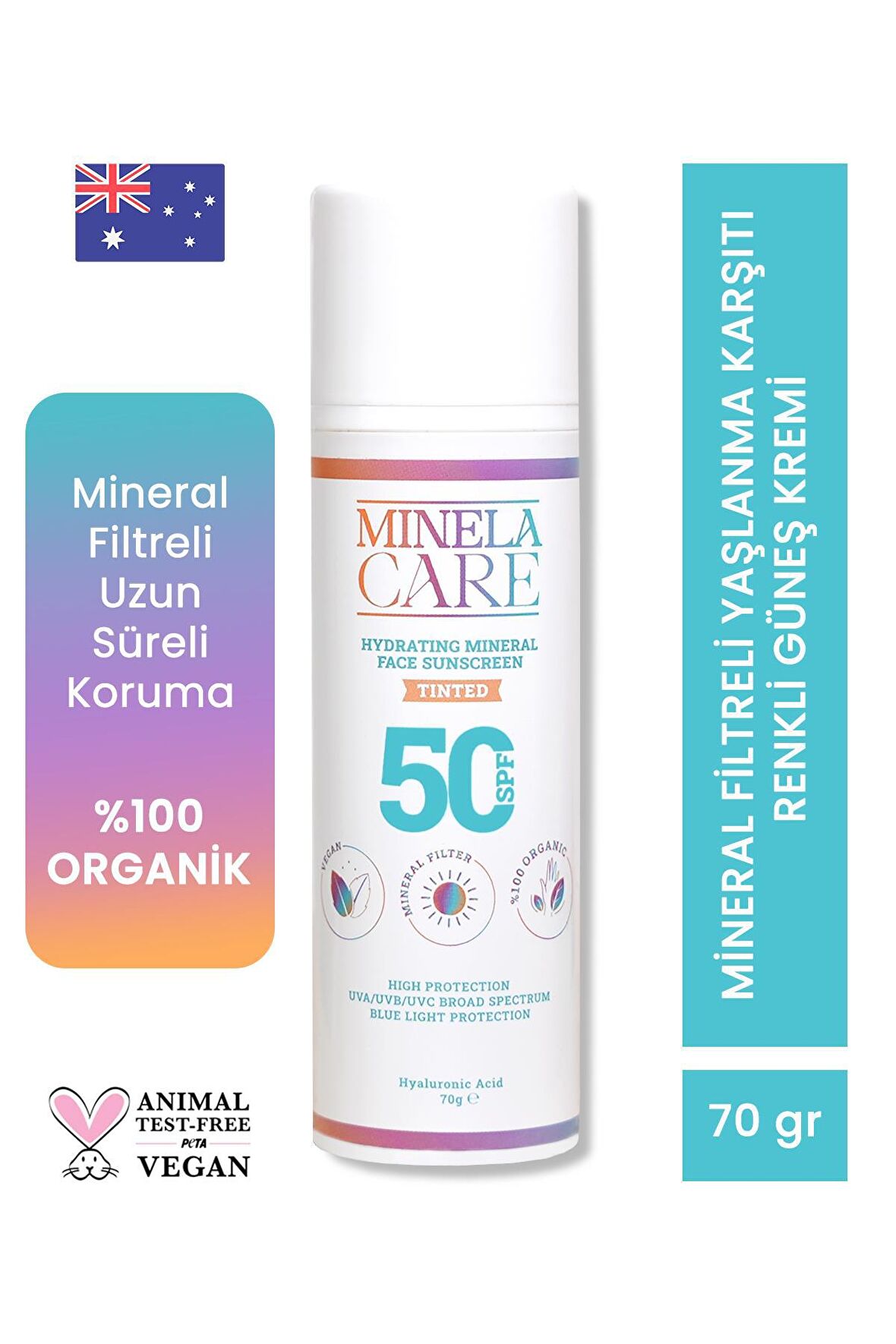 Minela Care Hydrating Organik Mineral Filtreli Renkli Yüz Güneş Kremi SPF 50 70gr