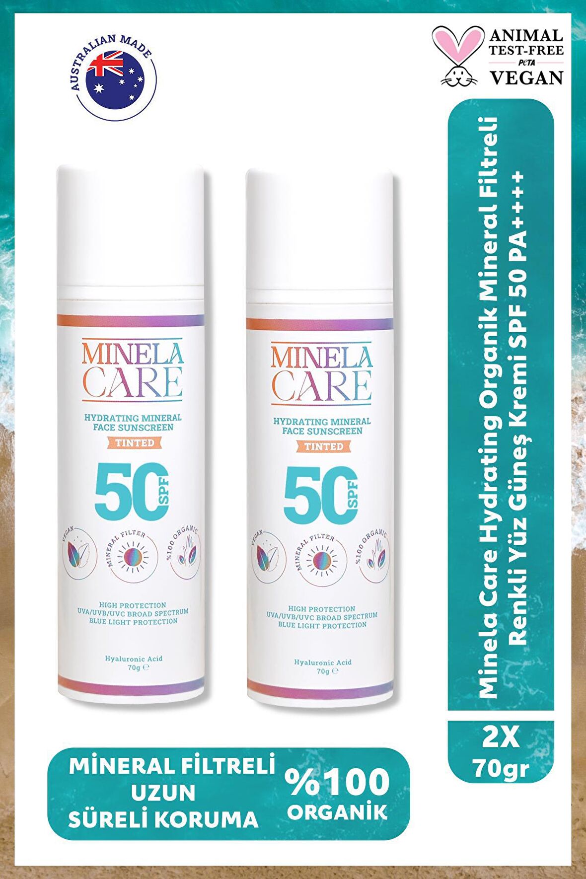 Minela Care Hydrating Organik Mineral Filtreli Renkli Yüksek Korumalı Yüz Güneş Kremi SPF50 2x70gr 