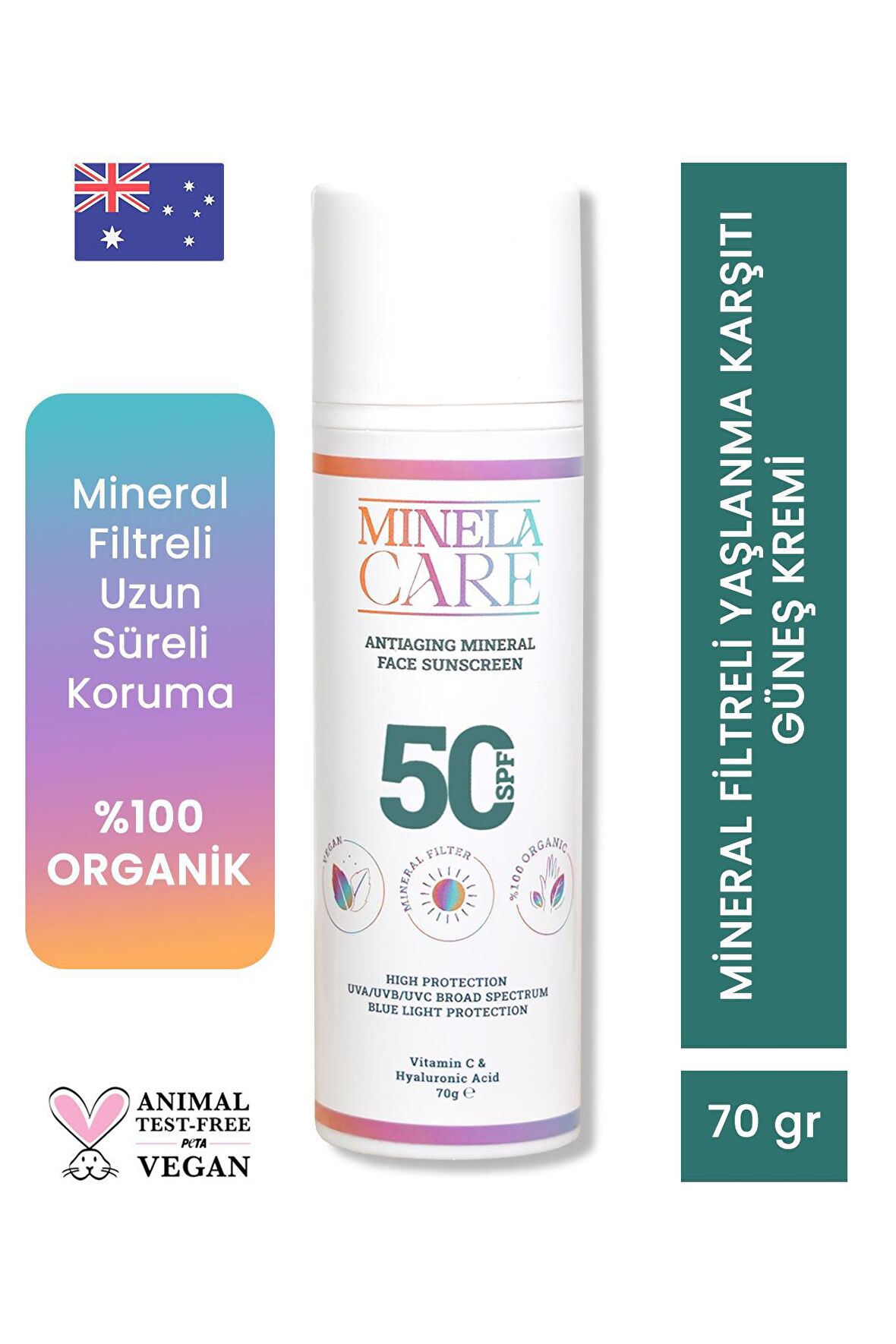 Minela Care Antiaging Organik Mineral Filtreli Yüz Güneş Kremi SPF 50 70gr