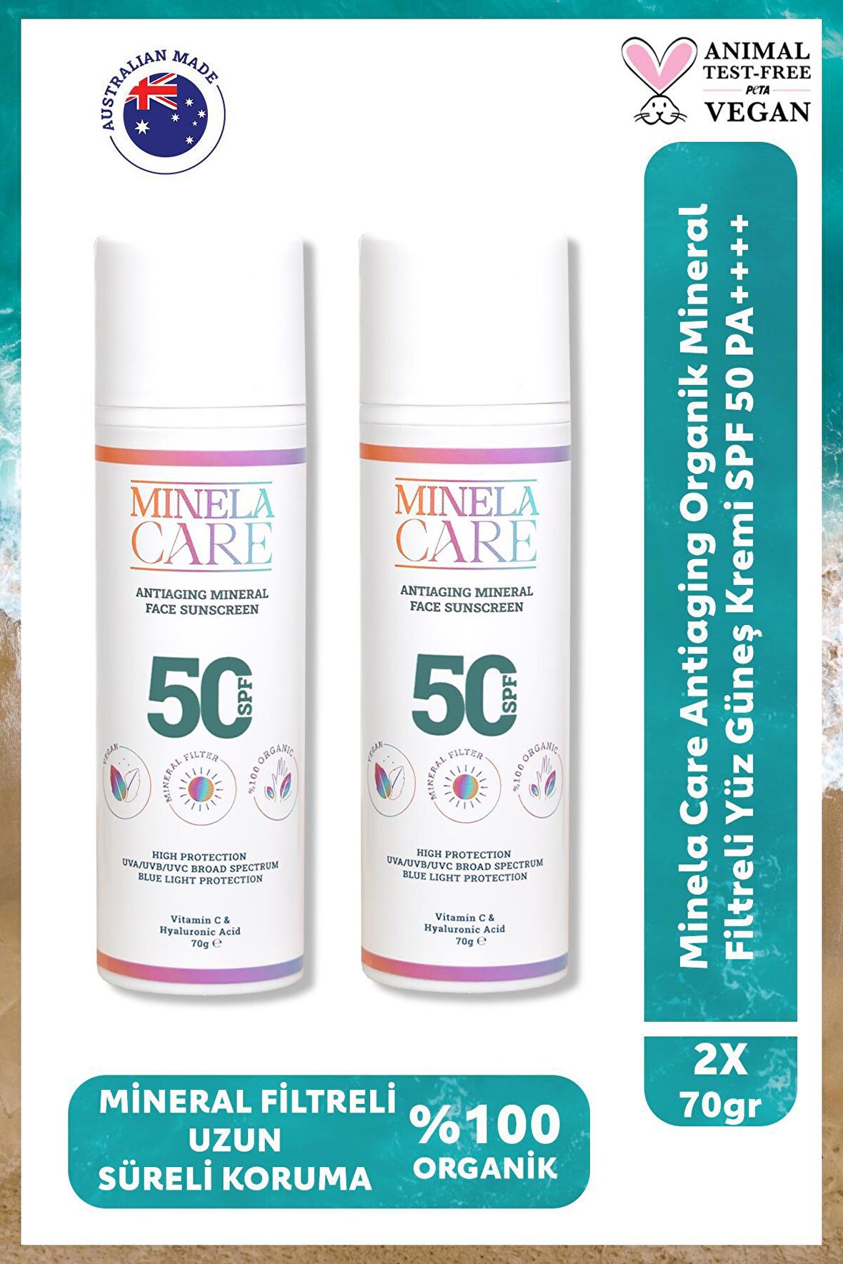 Minelacare Antiaging 100% Organik Mineral Filtreli Yüksek Korumalı Yüz Güneş Kremi SPF50 2x70gr