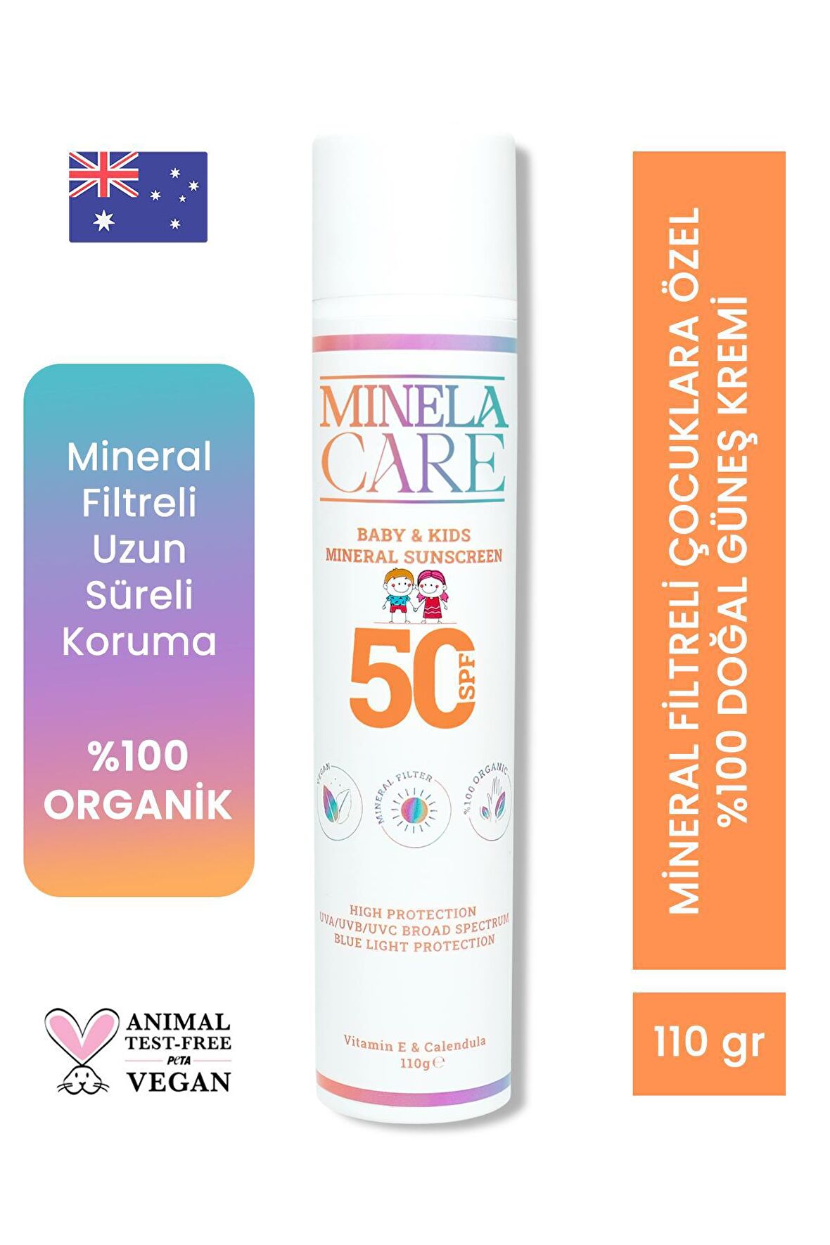 Minela Care Organik Mineral Filtreli Bebek ve Çocuk Güneş Kremi SPF 50 110gr