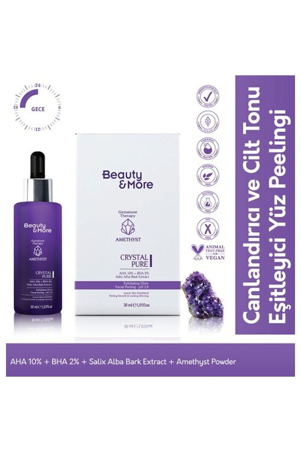 Beauty&more Ametist Crystal Pure Canlandırıcı Ve Cilt Tonu Eşitleyici Yüz Peelingi 30 Ml Aha 10% + B