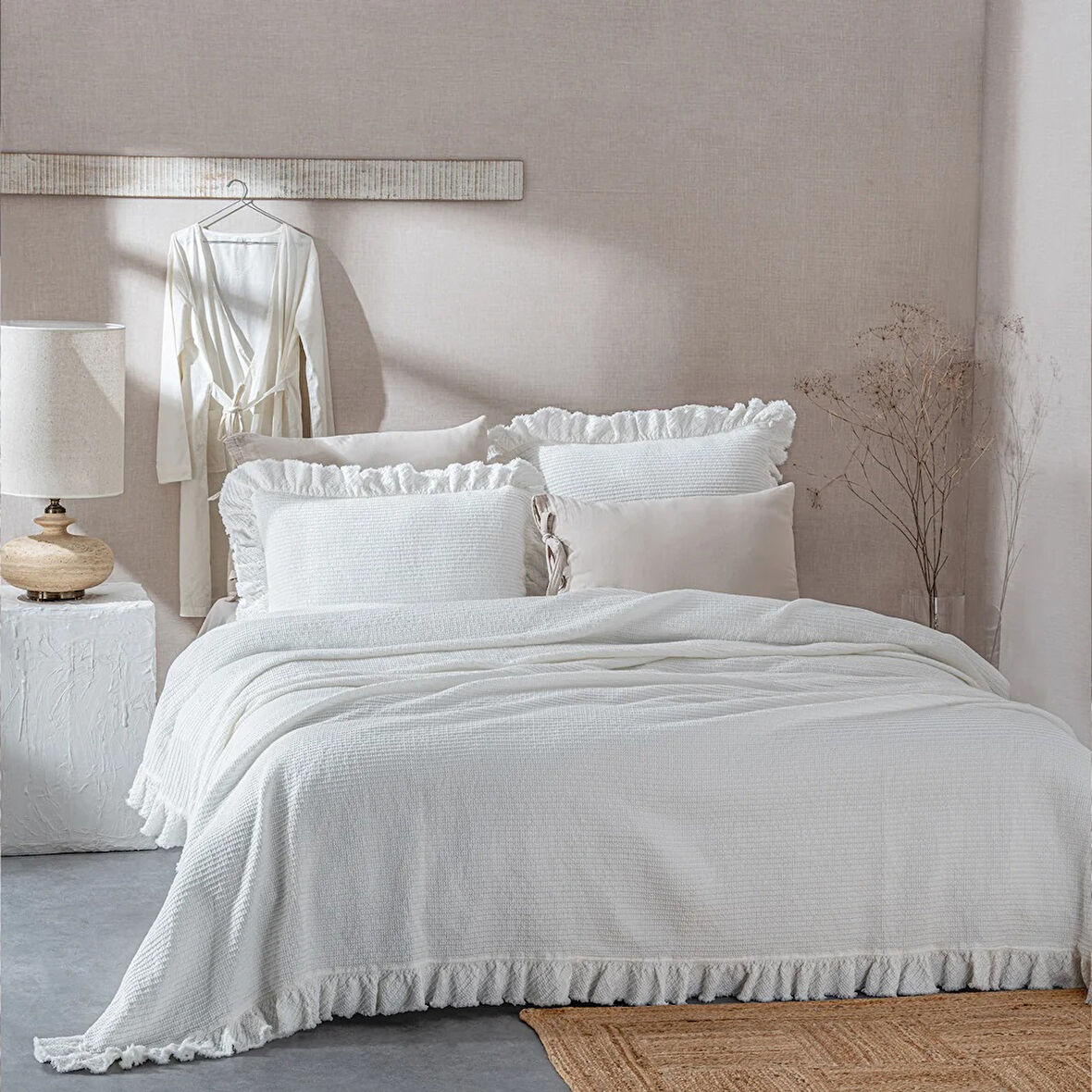 Ecocotton Dina Krem %100 Organik Pamuk Çift Kişilik Pike Yatak Örtüsü 