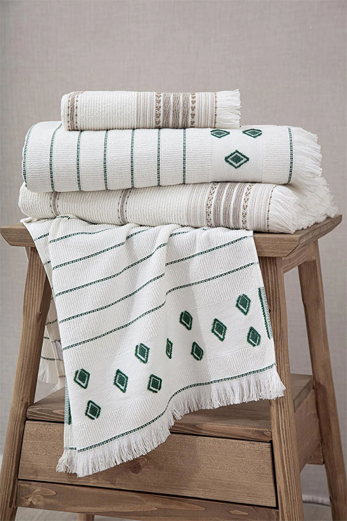 Ecocotton İmre/İzgi Bej/Yeşil %100 Organik Pamuk 4 Parça Hamam Seti