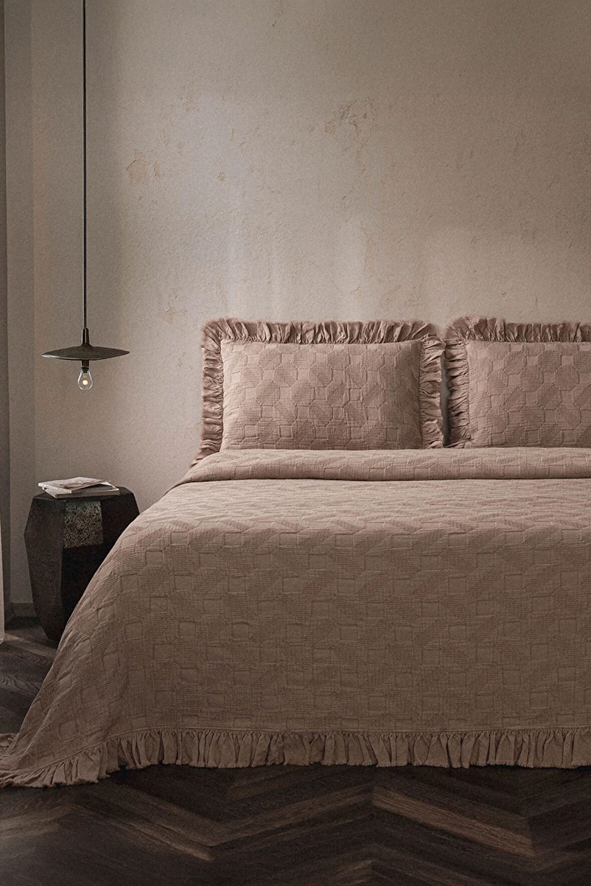 Ecocotton Tanya Pudra %100 Organik Pamuk Çift Kişilik Pike Yatak Örtüsü Takımı  