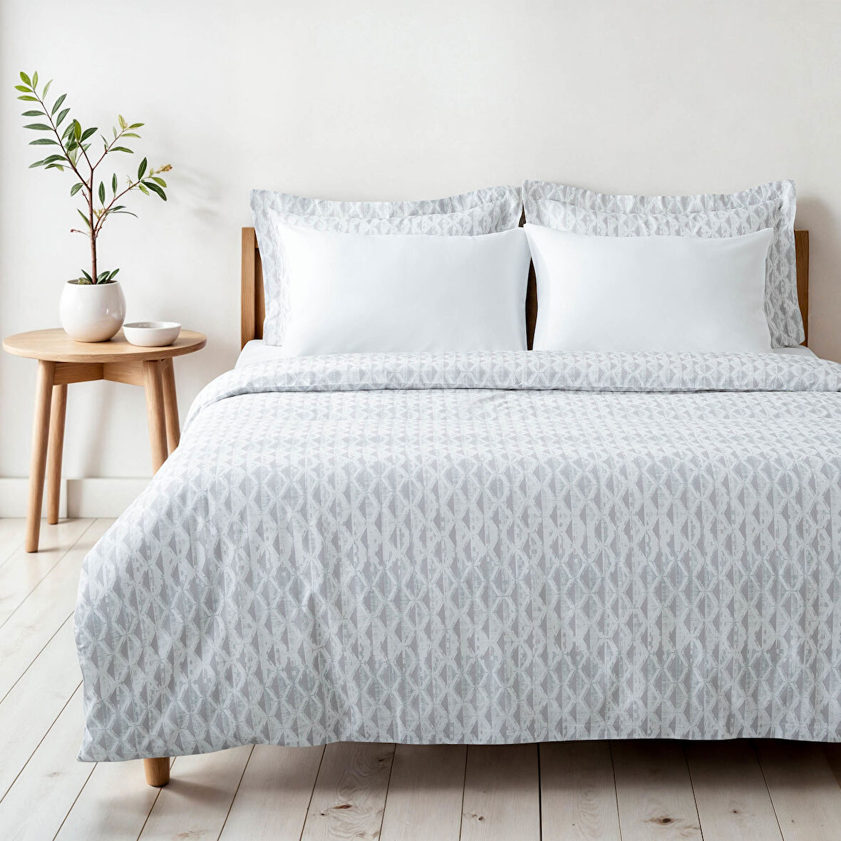 Tria Çift Kişilik Nevresim Takımı %100 Pamuk 210 TC 83 Tel Saten Digital Baskılı Gri 200x220 Cm