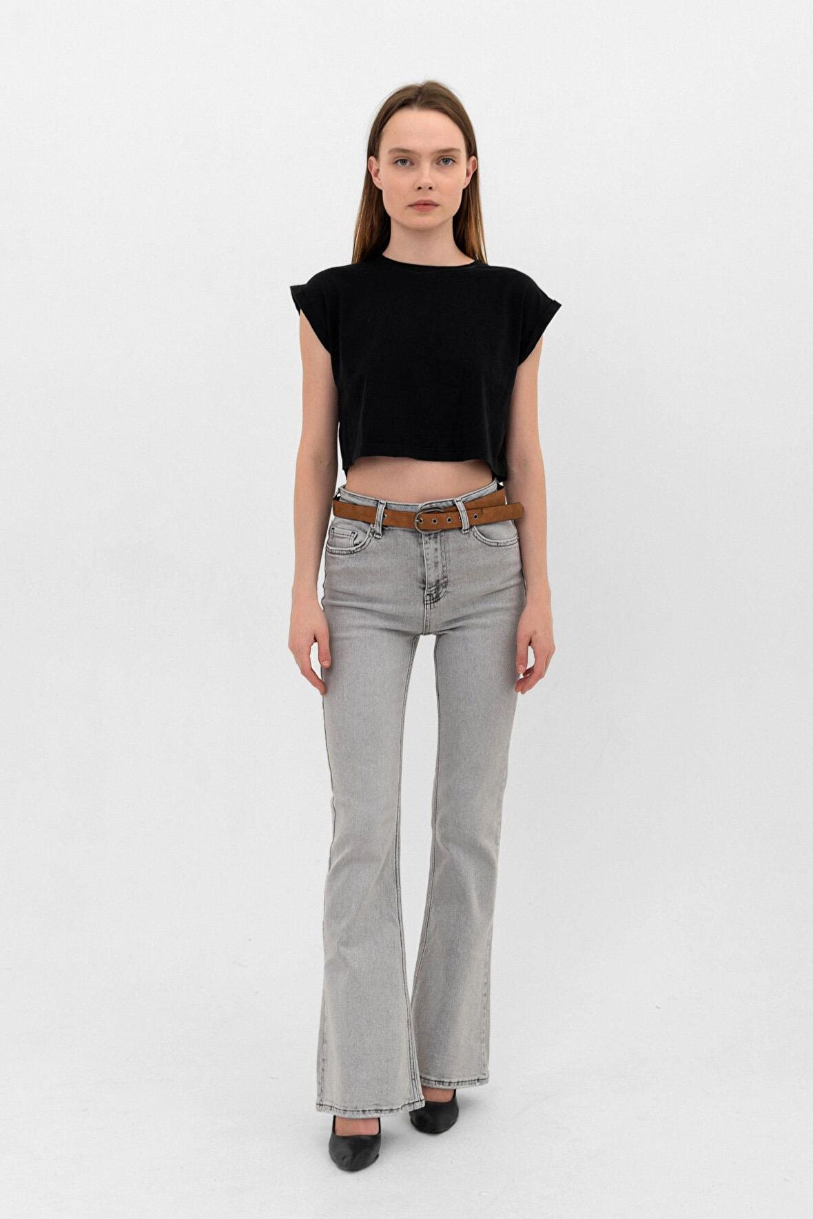 Kadın Flare Kemerli İspanyol Paça Gri Likralı Kot Pantolon