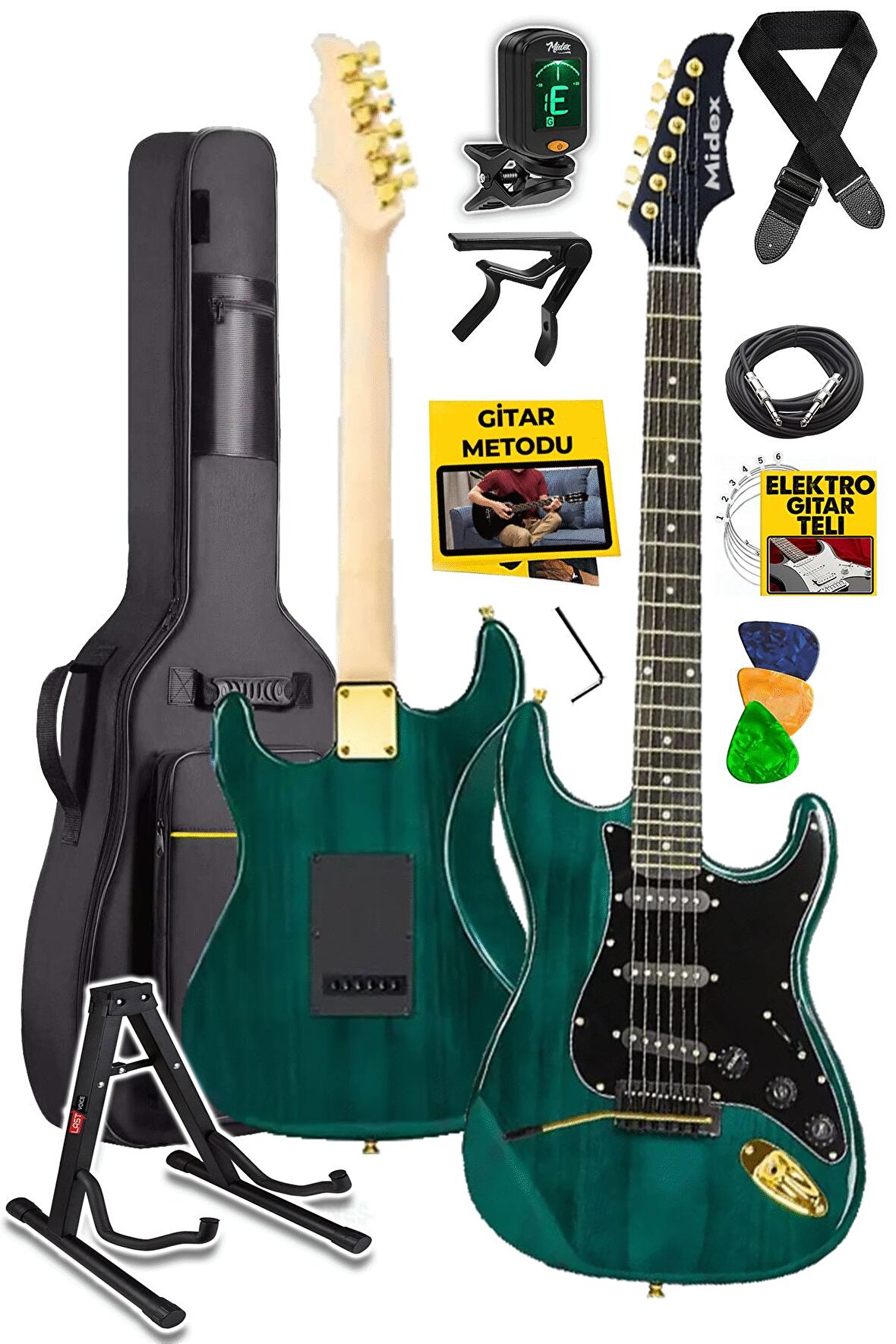 Midex GLC-40GR Profesyonel Elektro Gitar Siyah Yeşil (Stand Gigbag Askı Capo Tuner Pena Kablo Yedek Tel)