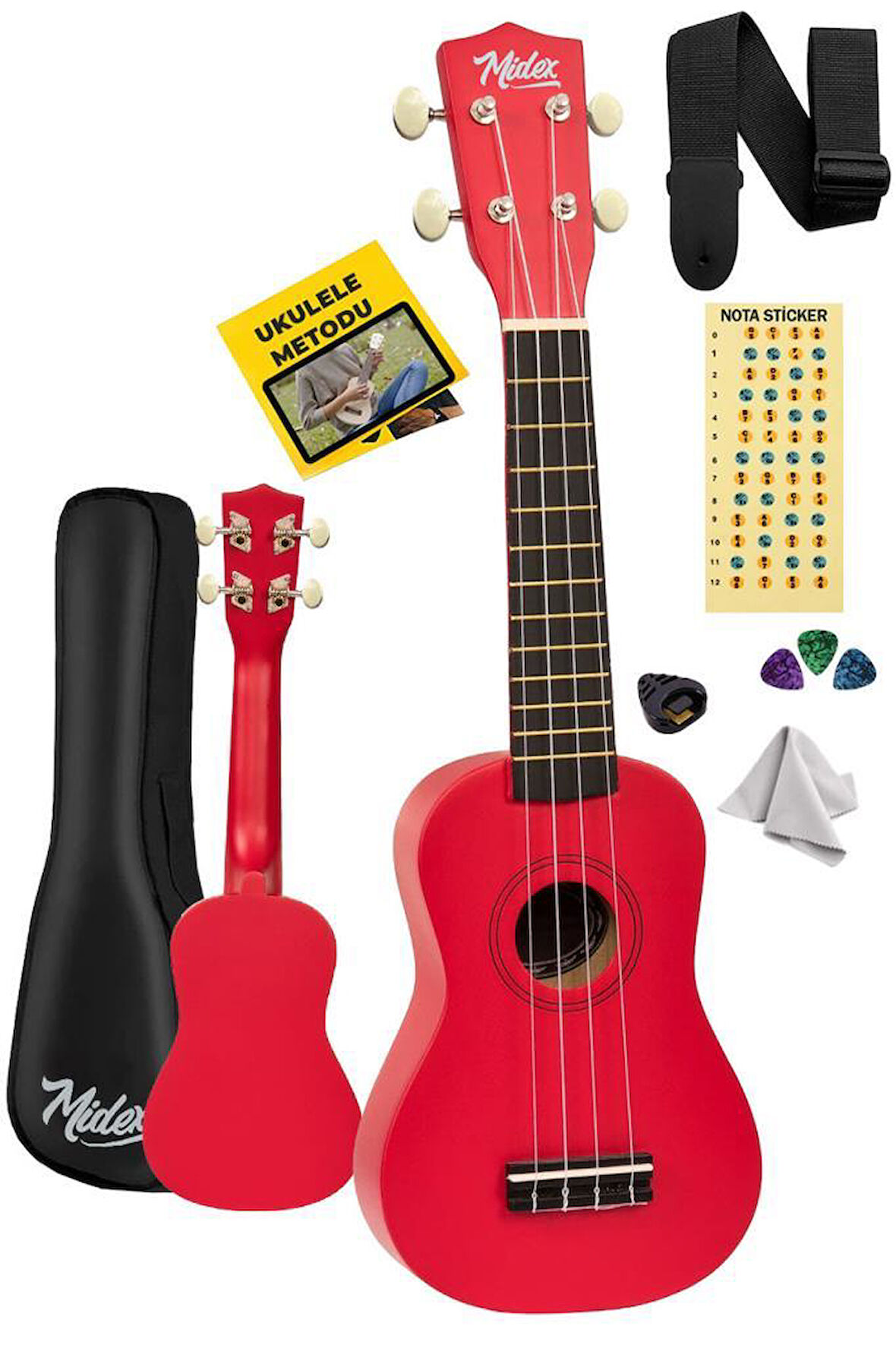 Midex UKX-901RD Kırmızı Soprano Ukulele (Askı Çanta Metod Pena)