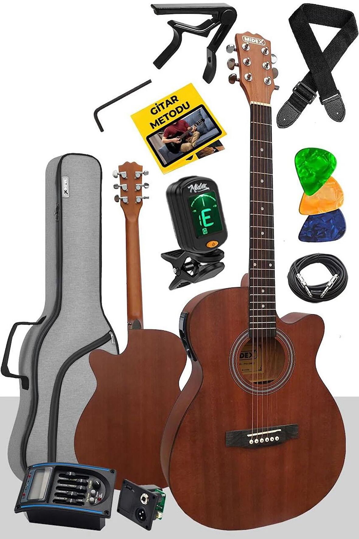 Midex Phx-188EQ Set Masif Ağaç Elektro Akustik Gitar 4/4 (GİGBAG Çanta Tuner Askı Capo Jak Kablo)