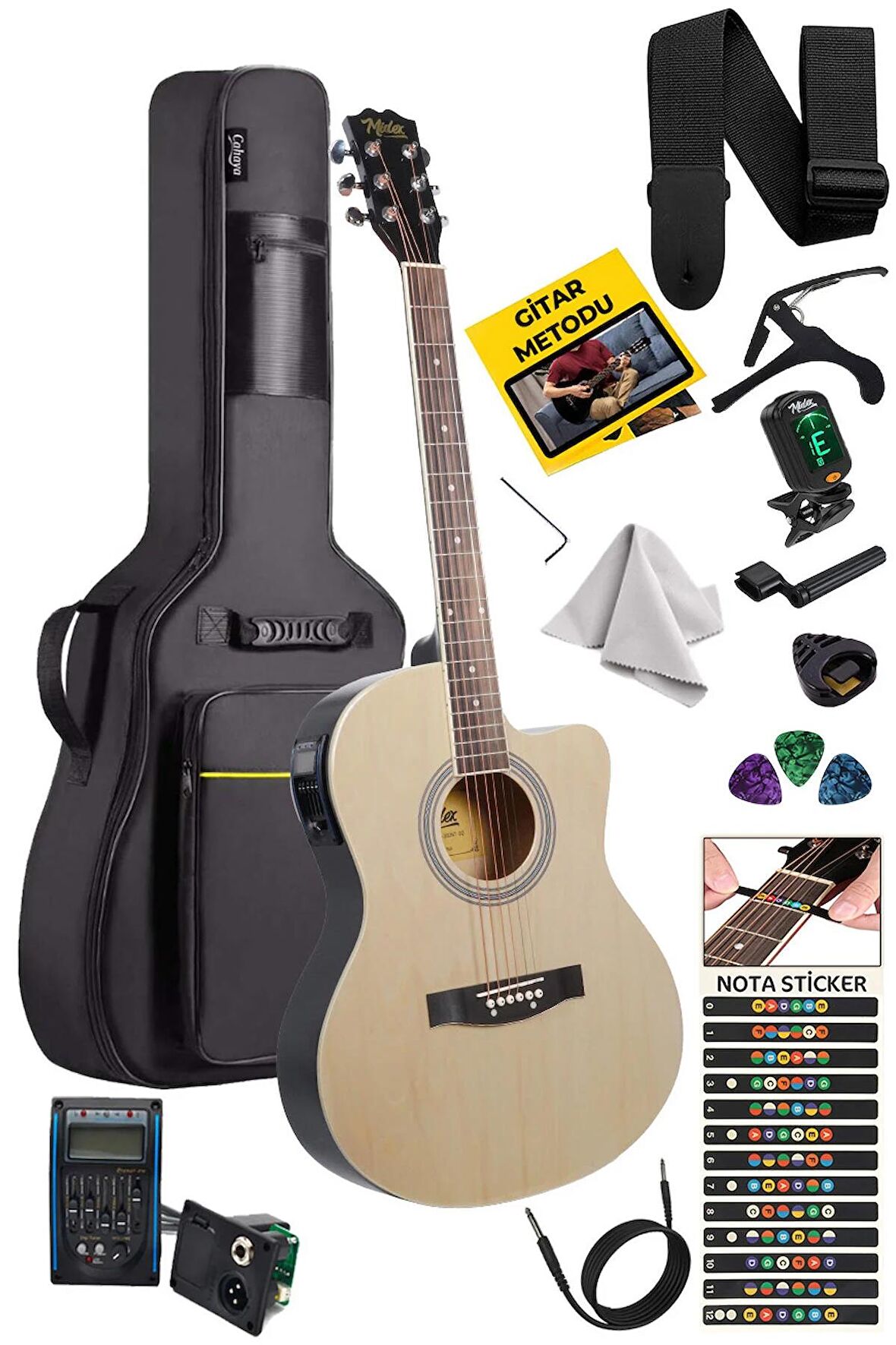 Midex XC-300NT-EQ Profesyonel Elektro Akustik Gitar 4/4 Yetişkin Üst Segment (Gigbag Çanta Tuner Capo Askı Jak Kablo Pena)