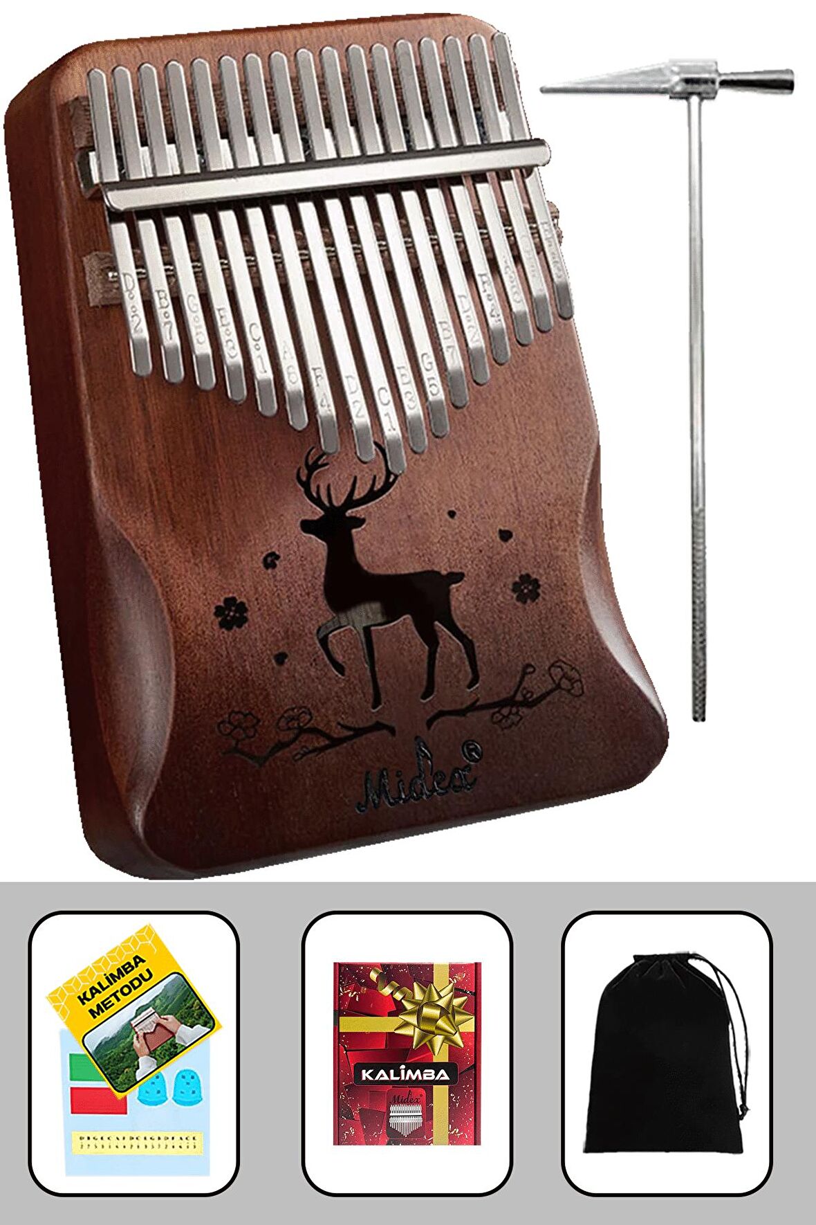 Midex KLX-520 Hakiki Ağaç Kalimba Geyik Desenli Ahşap Full Set 17 Çelik Tuşlu