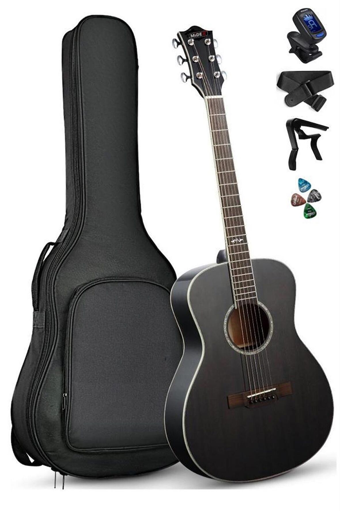 Midex XC-250BK Profesyonel Akustik Gitar 4/4 Yetişkin Üst Segment (Gigbag Çanta Tuner Capo Askı Pena)