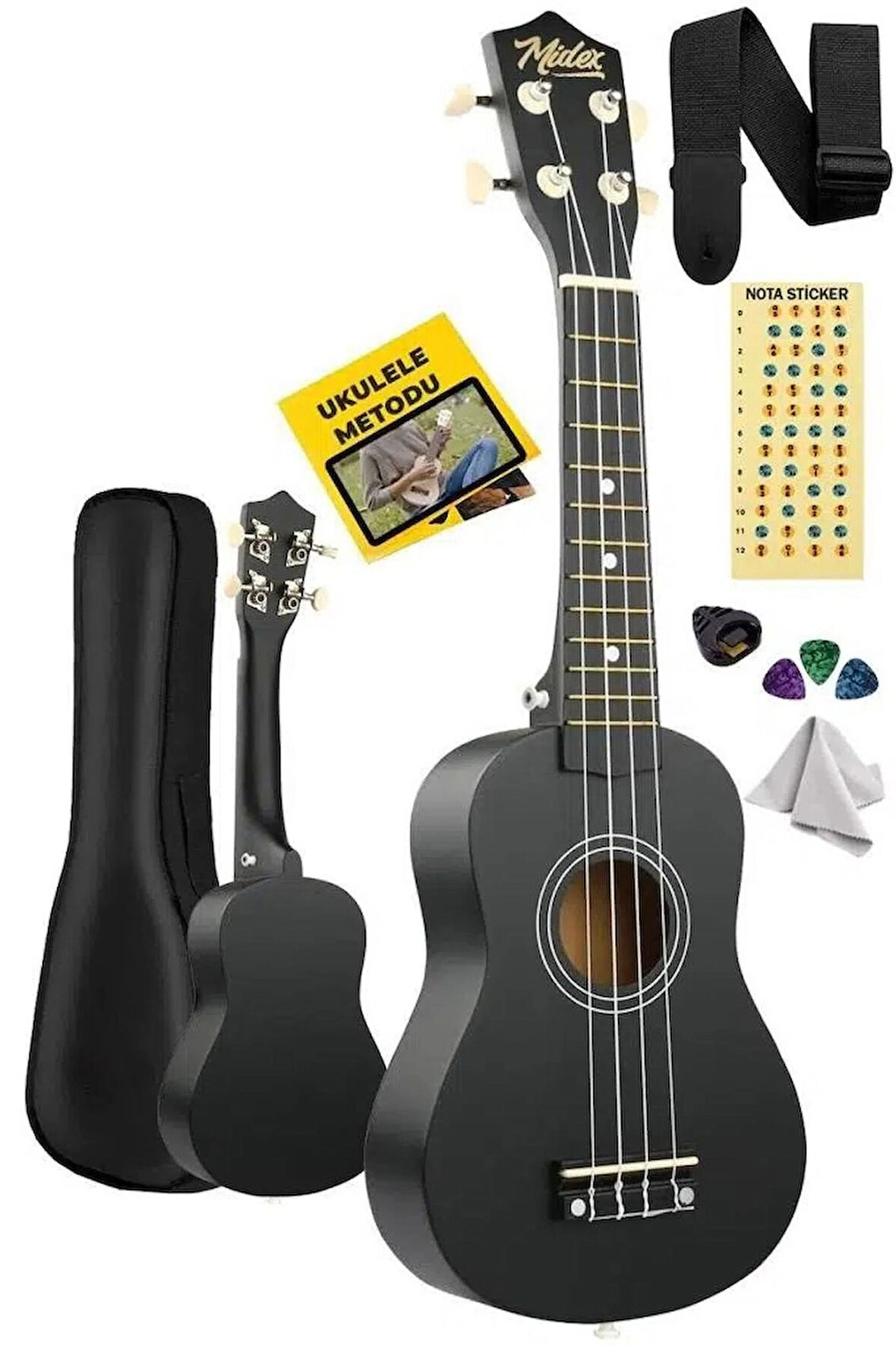 Midex UKX-901 BK Siyah Soprano Ukulele (Askı Çanta Metod Pena)