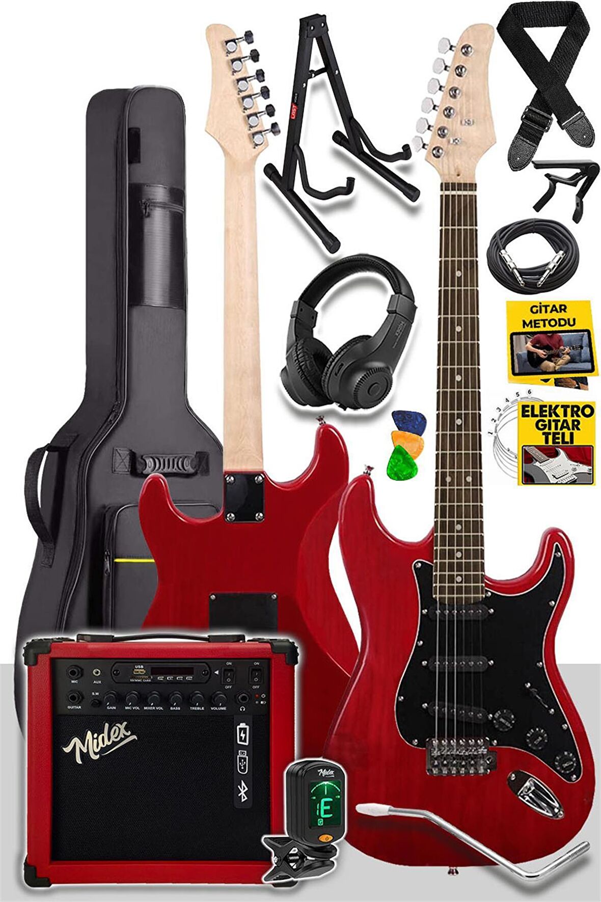 Midex RPH30RD-25AMP RED Elektro Gitar Seti 25 WATT GAİN'Lİ Şarjlı Amfi ve Full SET