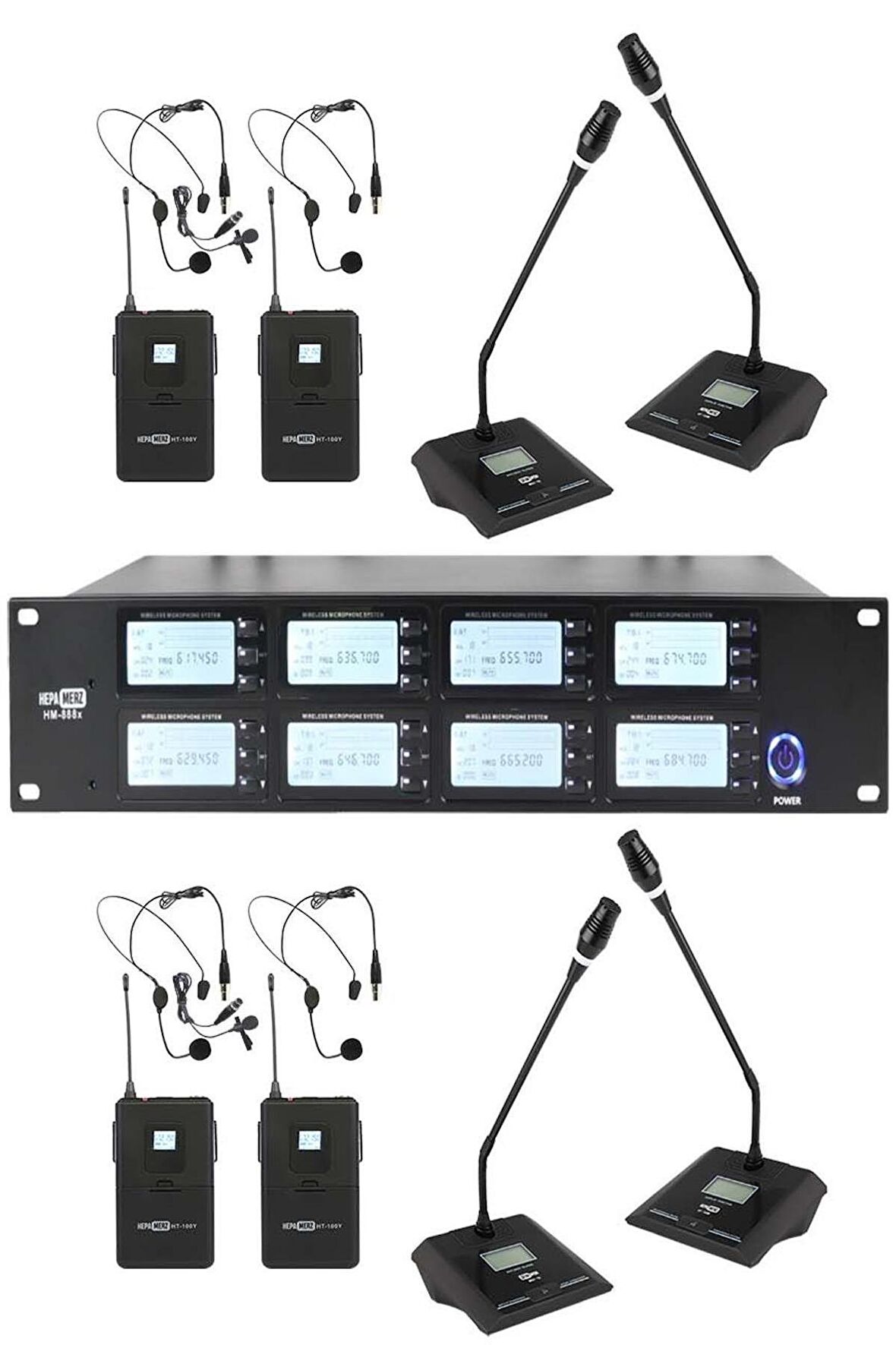 Hepa Merz HM-888YM 8'li Kablosuz Yaka ve Masa Kürsü Mikrofonu Seti