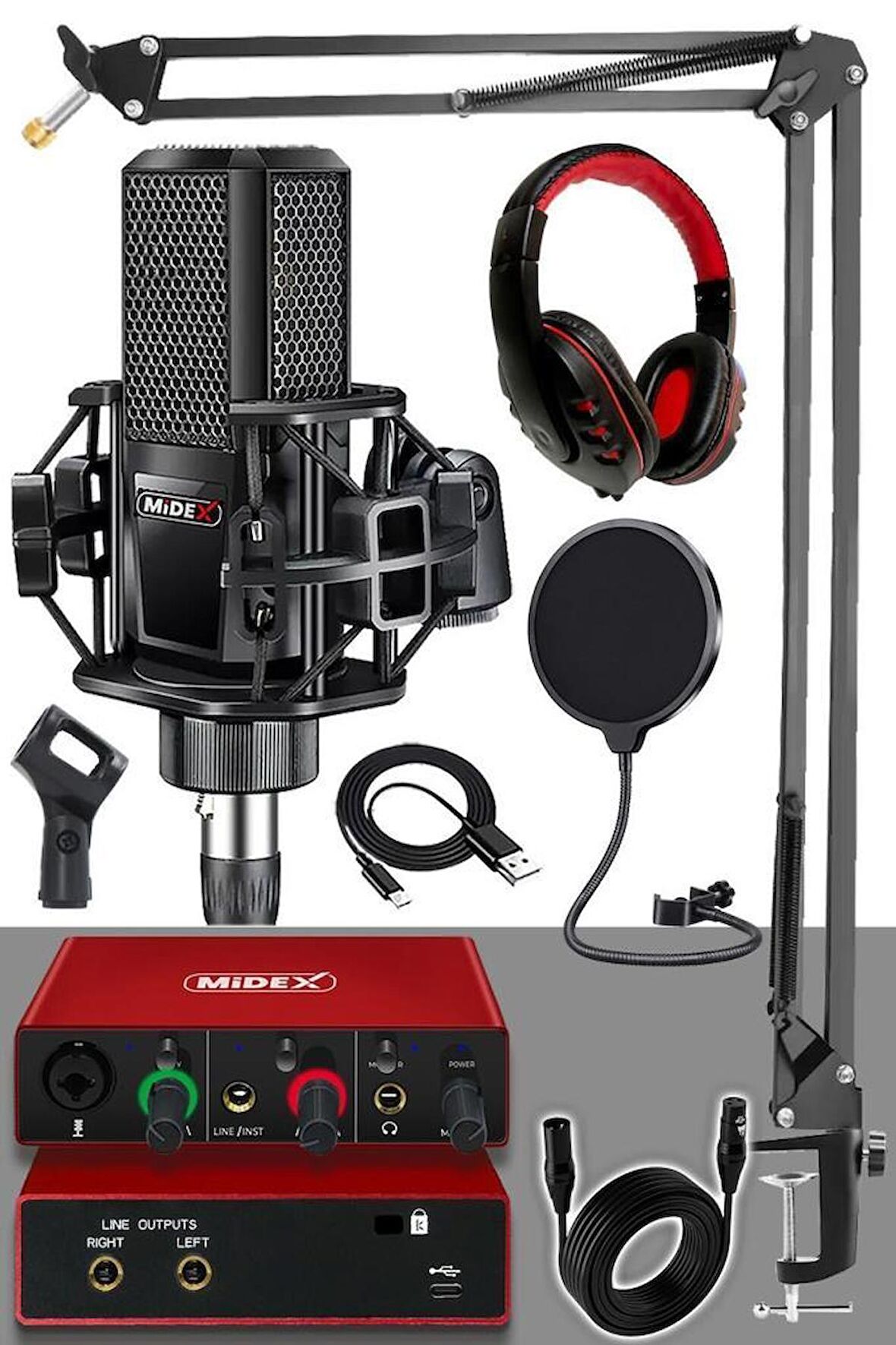 Midex MX-2020 Mikrofon + GLX-500 Ses Kartı + RS-30 Stereo Kulaklık Seti