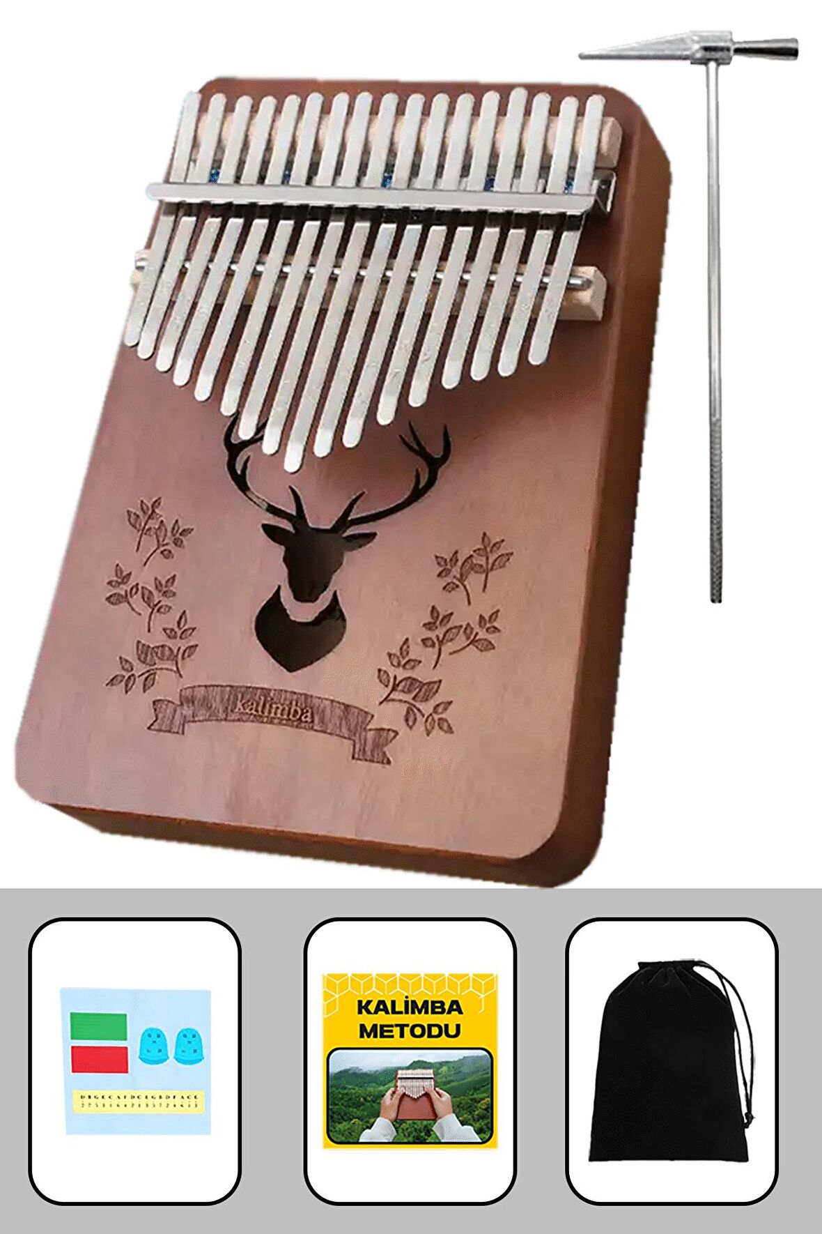 Midex KLX-880 Hakiki Ağaç Kalimba Geyik Desenli Ahşap Full Set 17 Çelik Tuşlu