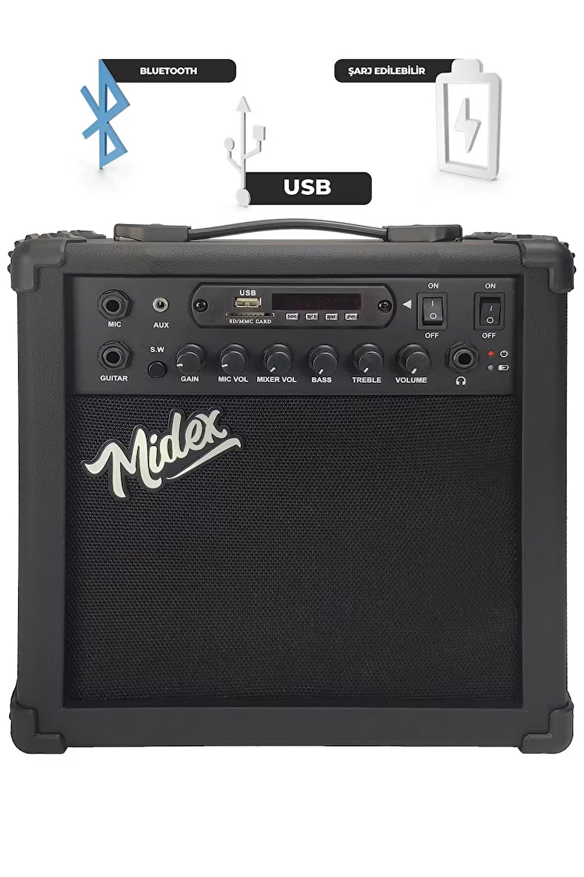 Midex MGA-25BK Elektro Gitar Amfisi 25 Watt USB Bluetooth Şarjlı 2 Girişli